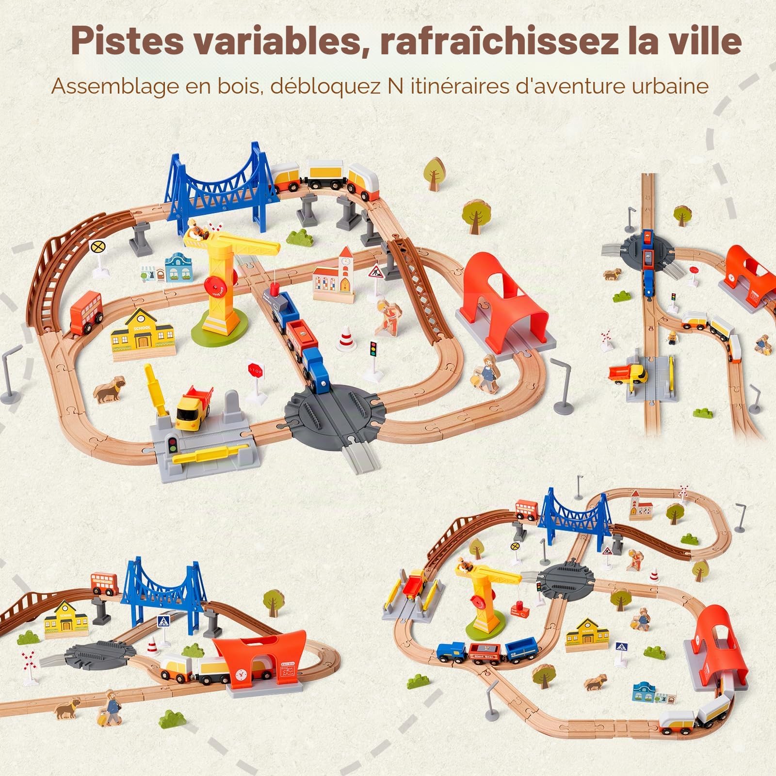 Kit de Rails en Bois « Train Urbain Moderne » – Système de Train à Jouets pour Voitures, ponts, grues, quais et Plus Encore – Ensemble de 94 pièces de Train en Bois à partir de 3 Ans (Rails de métro)