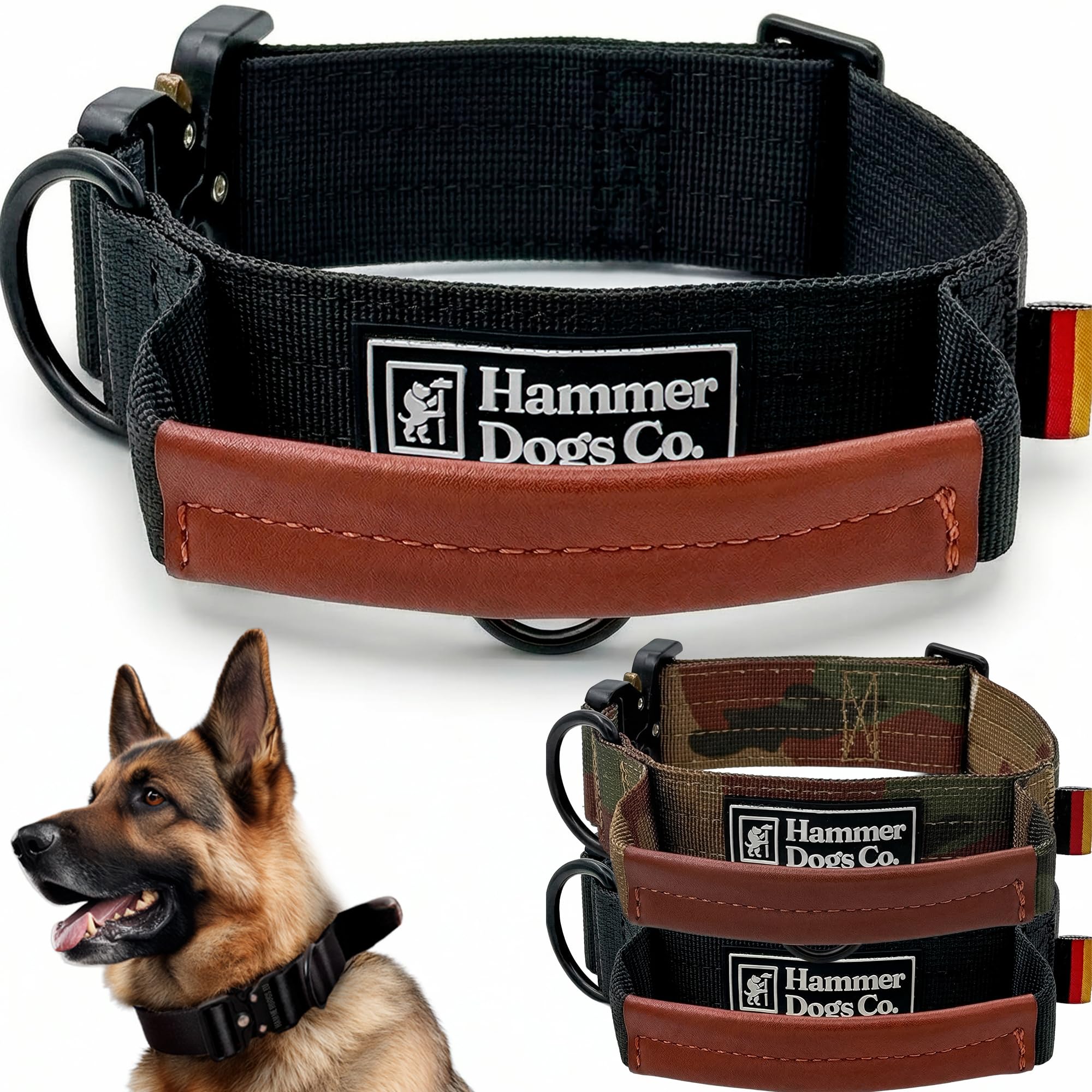 Heavy Control – Collar táctico para Perro Mediano y Grande, Ajustable de Nailon Resistente con asa de Agarre en Cuero y Hebilla metálica de Alta Resistencia (M, Negro) (Negro, XL)