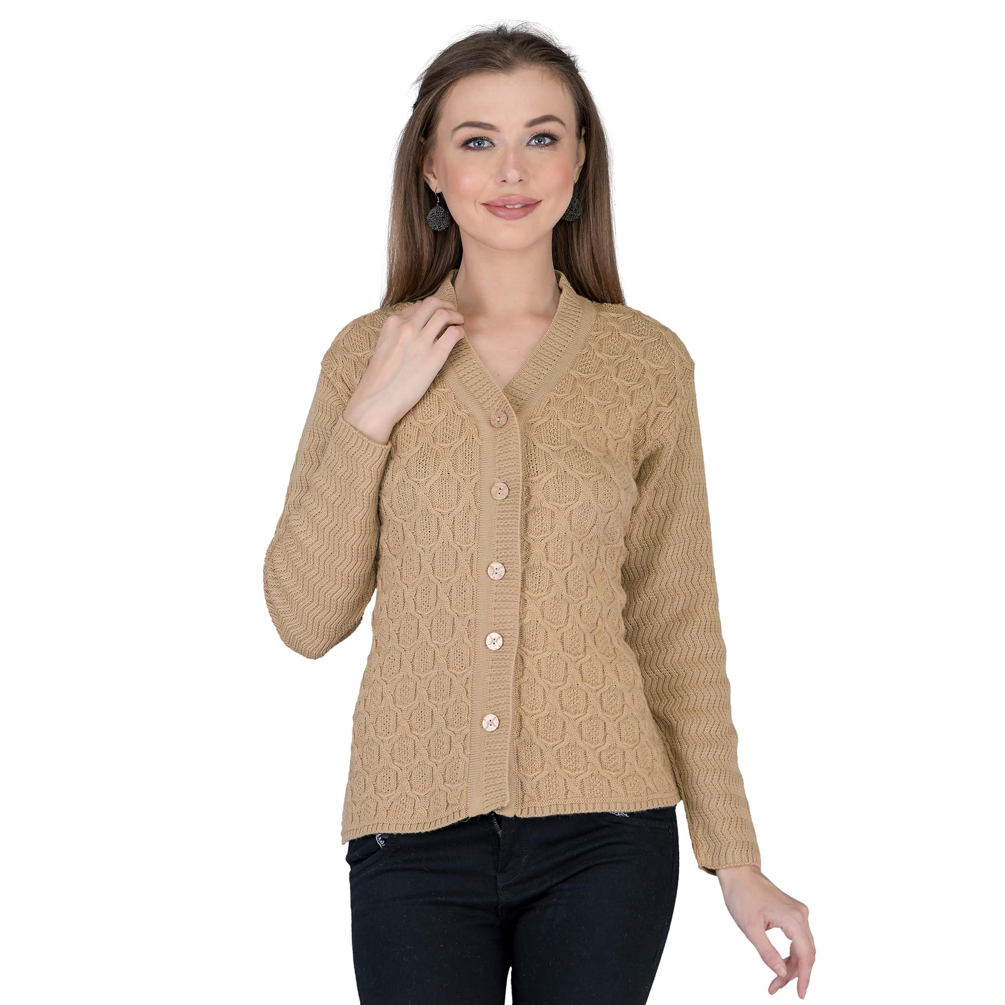 lady willington Women Woolen V-Neck Self Design Cardigan Heavy Daffodil Fabric Cardigan Winter Wear Pure Wool Cardigan for Women Free Size Long Cotty Fully Warm Cardigans (3XL, Dark Skin)-picture-25