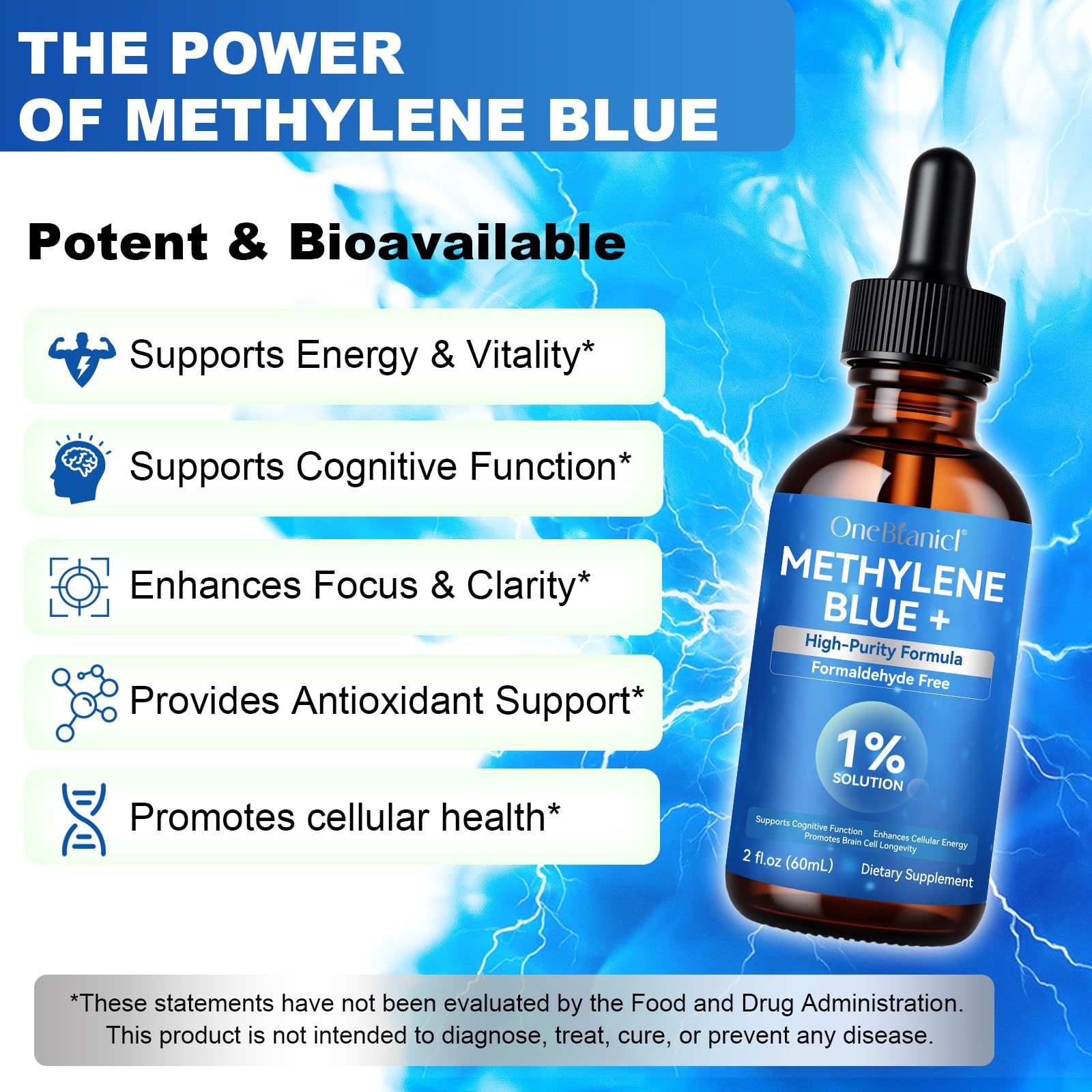 Methylene Blue 1% 60ml con Vitamina C & Stevia, Purezza Ultra Elevata, Testato in Laboratorio