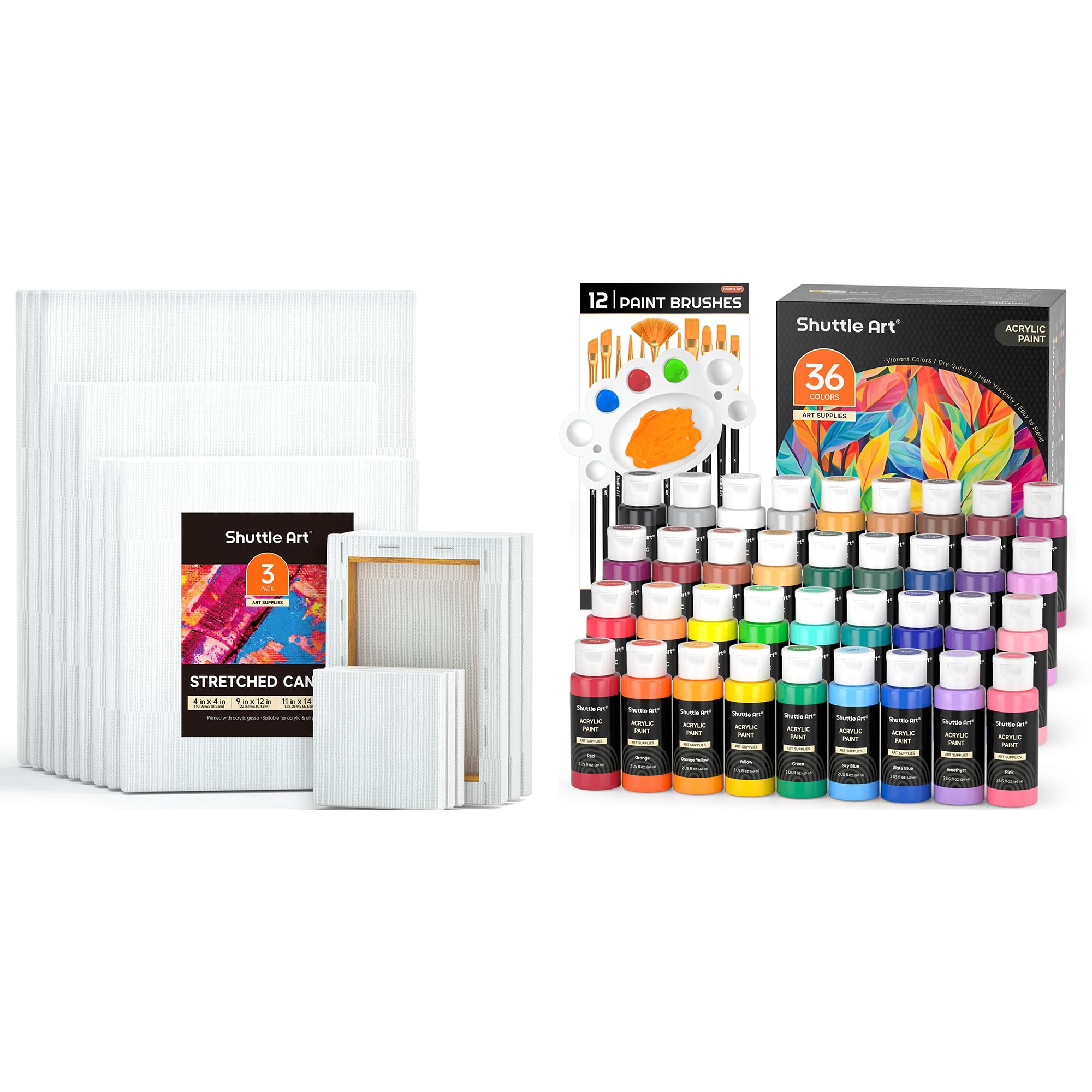 Shuttle Art 36 Acrylfarben Set + 15 Leinwände auf Keilrahmen, 36 Acrylfarben in Flaschen (je 60ml) mit 12 Pinselset, 10 x 10, 13 x 18, 20 x 25, 23 x 30, 28 x 36 cm weiße Leinwände zum Bemalen, je 3 St