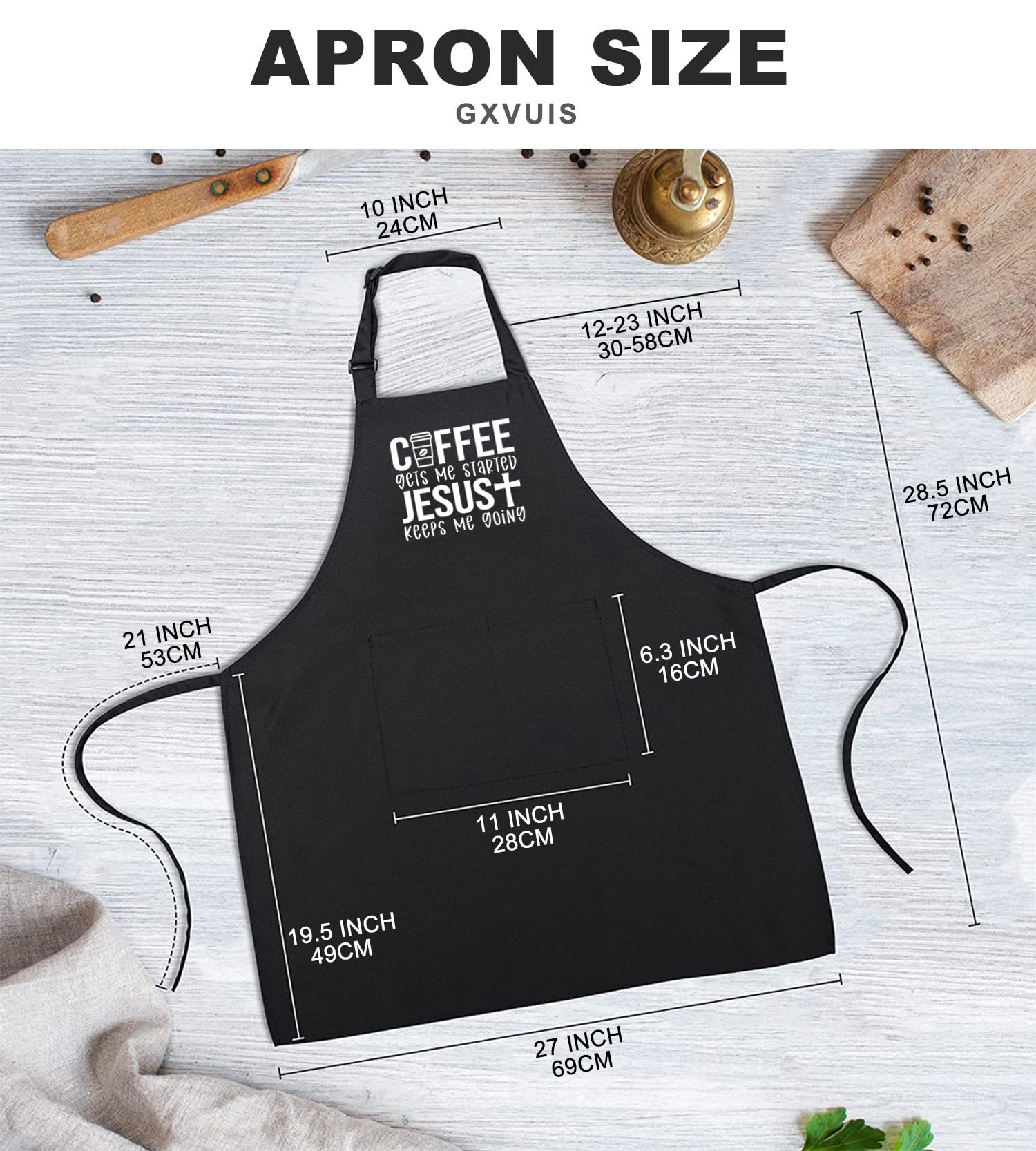 Coffee Gets Me Started Jesus Keeps Me Going - Delantal para mujer con 2 bolsillos, impermeable, ajustable, regalo cristiano, Negro -, regular