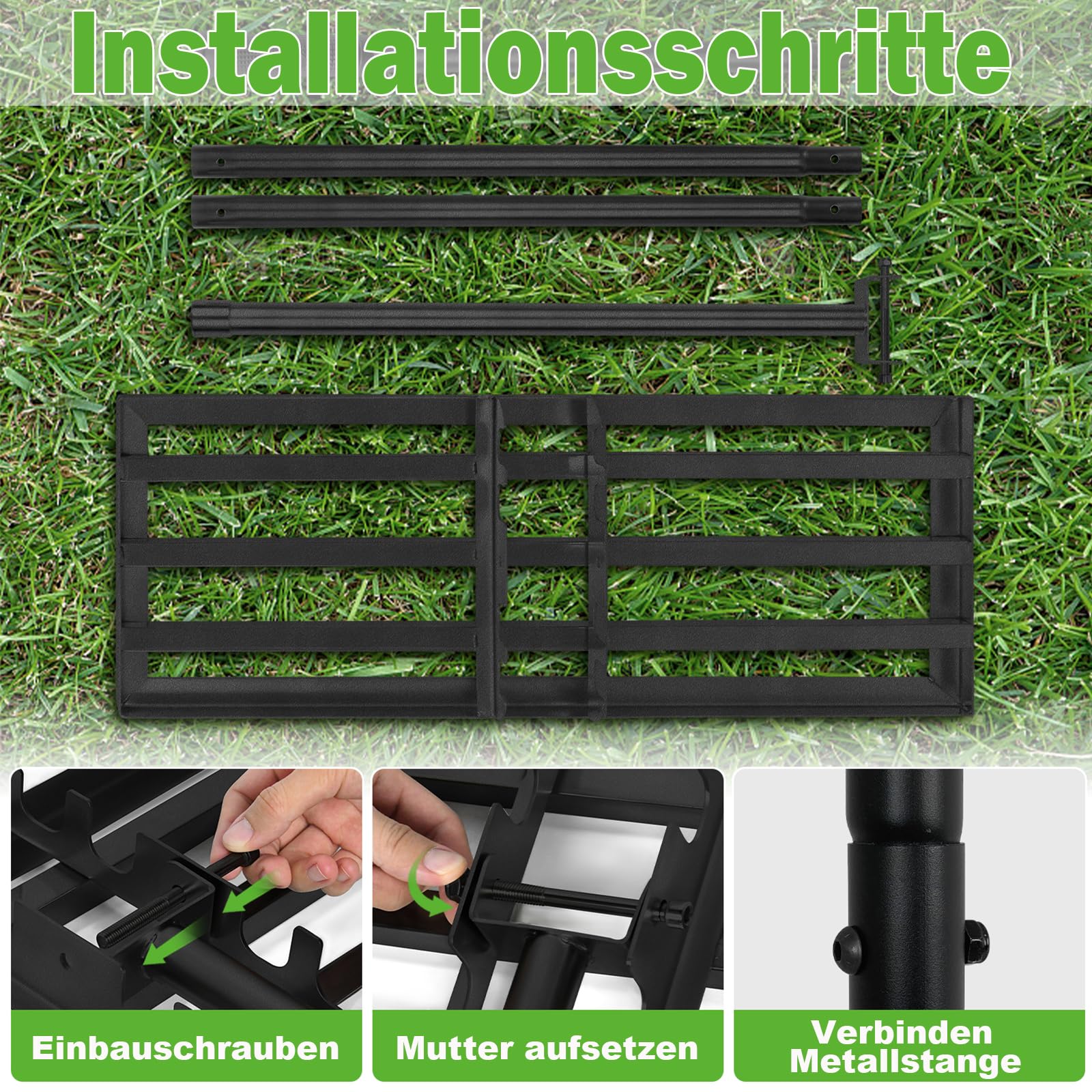 UISEBRT Rasqueta de metal 3 en 1 de 25 x 75 cm, rastrillo de jardín multifunción con mango – Rasqueta para nivelación de césped, arena para jardín, patio, golf, color negro
