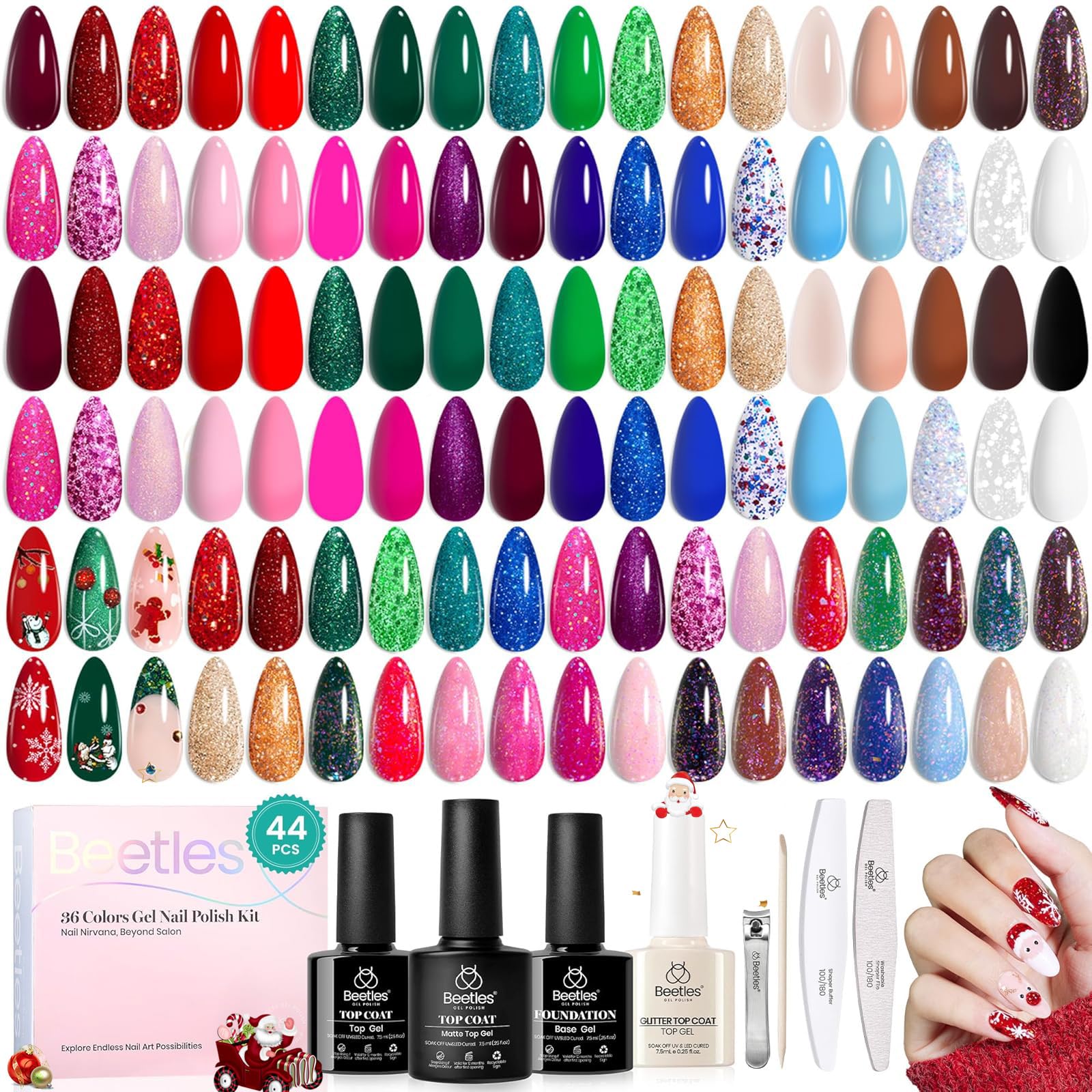Sponsored Ad - Beetles Christmas Gel Nail Polish Set, Glitz Galaxy UV LED Soak Off Gel Kits, 44Pcs Burgundy Red Gold Green Silver Blue Pink Sparkle Shade with Base Top Coat Winter Manicure Gift for Women