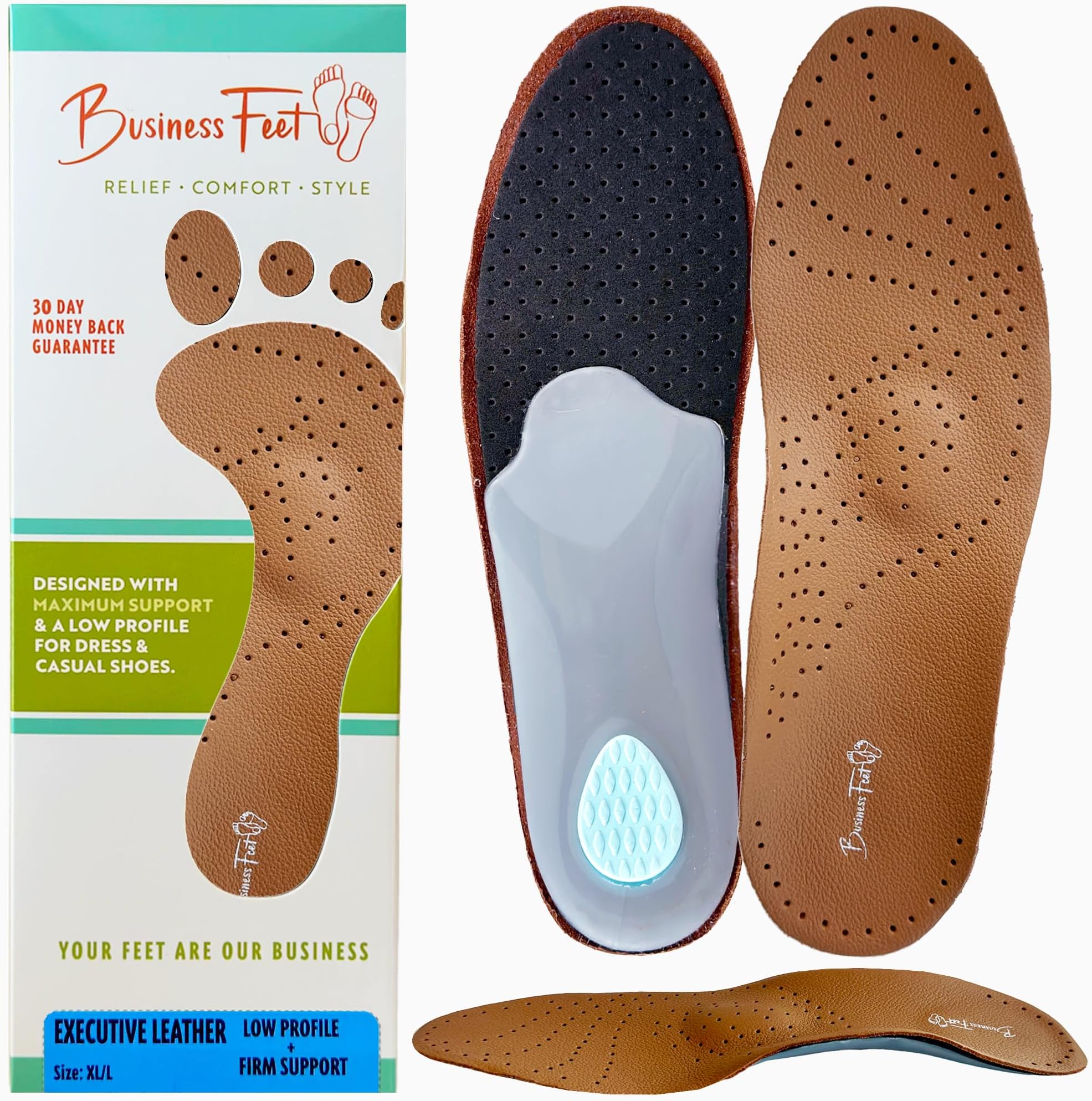 Executive Leather Ultra Thin Shoe Insoles Men & Shoe Inserts for Women. Cow Leather