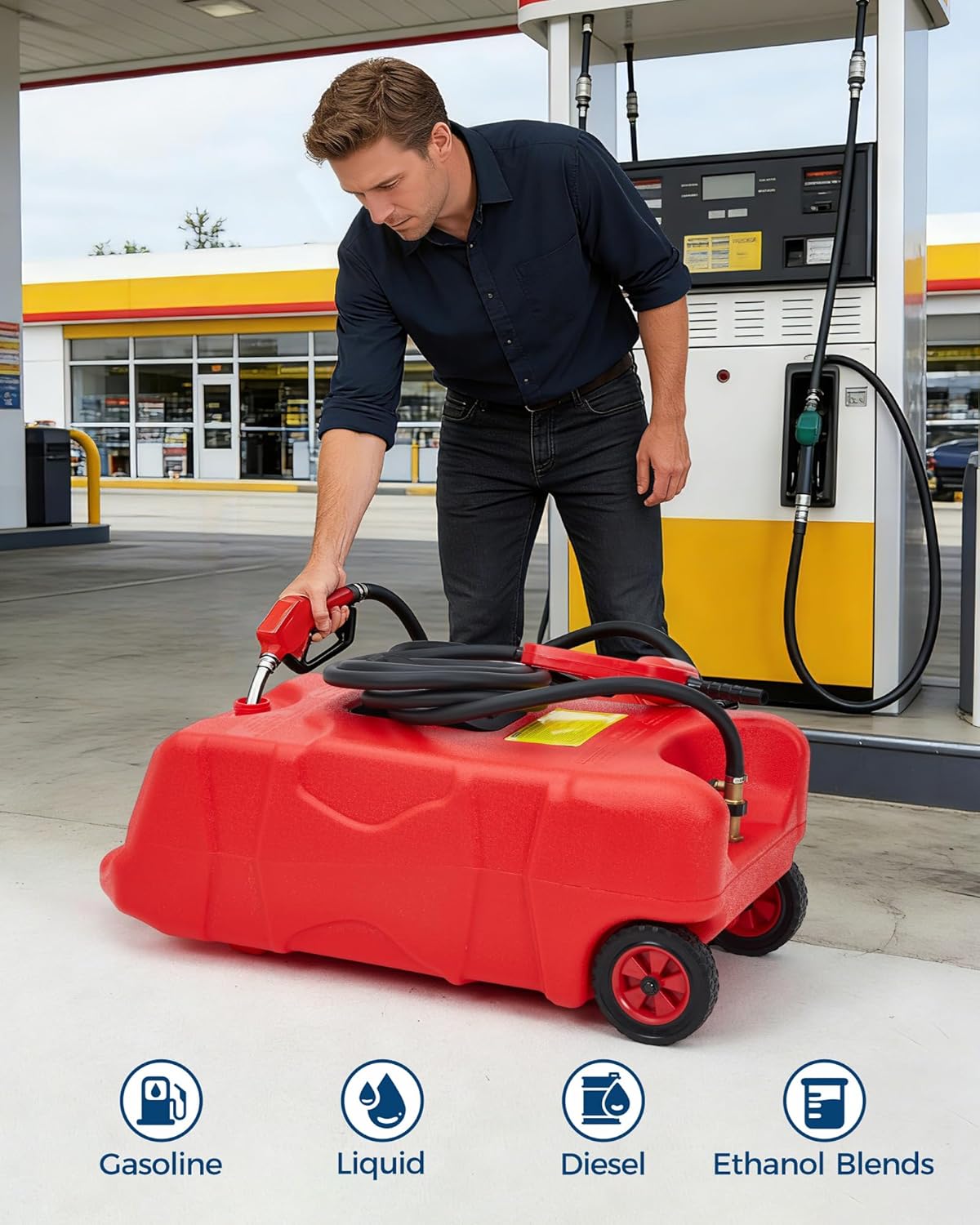 Garvee 16 Gallon Gas Can, Fuel Tank Container with LE Fluid Transfer Manual 10 FT Siphon Pump, Portable Diesel Gas Storage Caddy w/Wheels for Car, ATV, Weeder, Boat, Tractor, Snow Blower,Generator