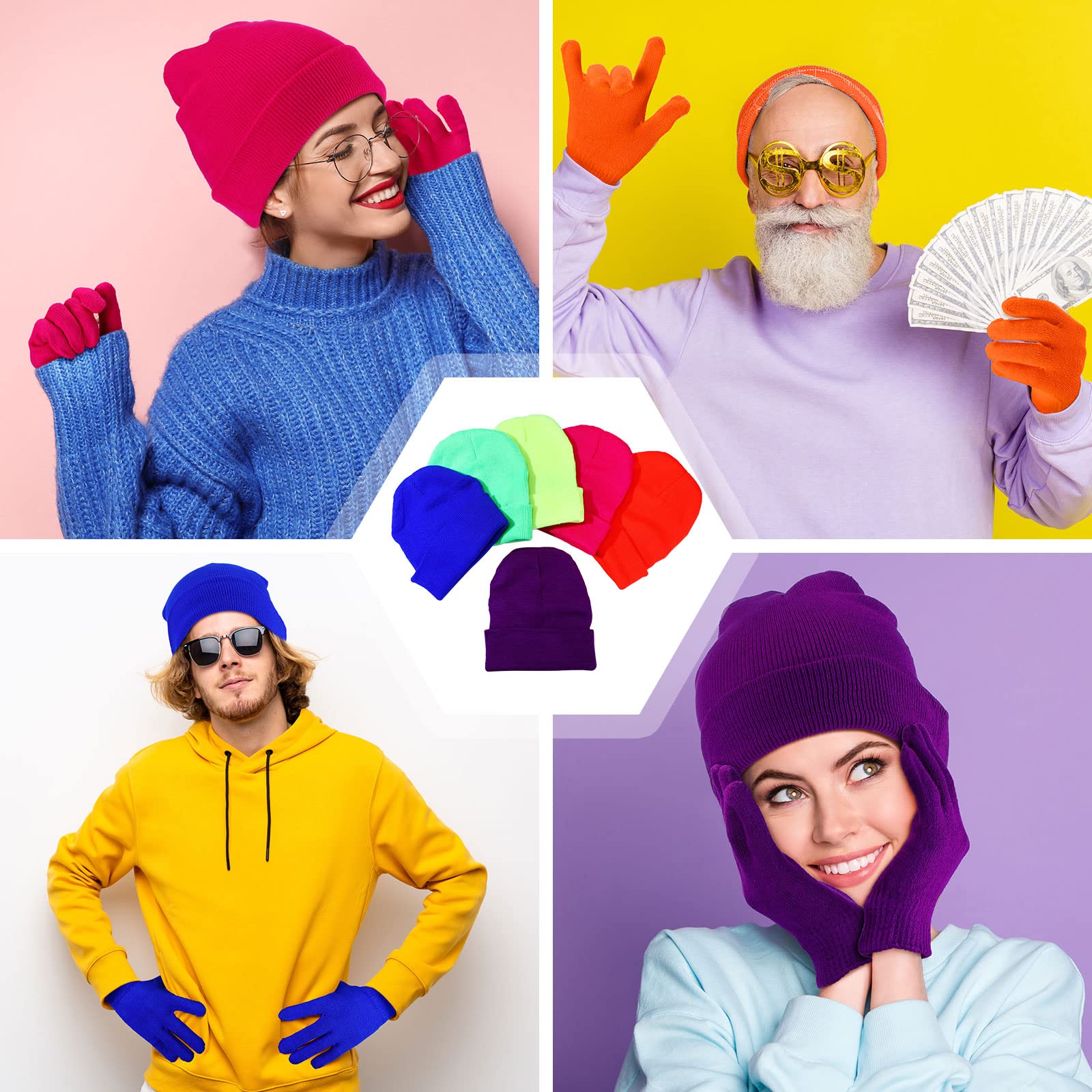 12 Stück Wintermützen und Handschuhe 6 Stück Warme Winter Beanie Mützen 6 Paar Unisex Winterhandschuhe Stricken Thermohandschuhe für Damen Herren Kaltes Wetter, Lebendige Farben, Einheitsgröße