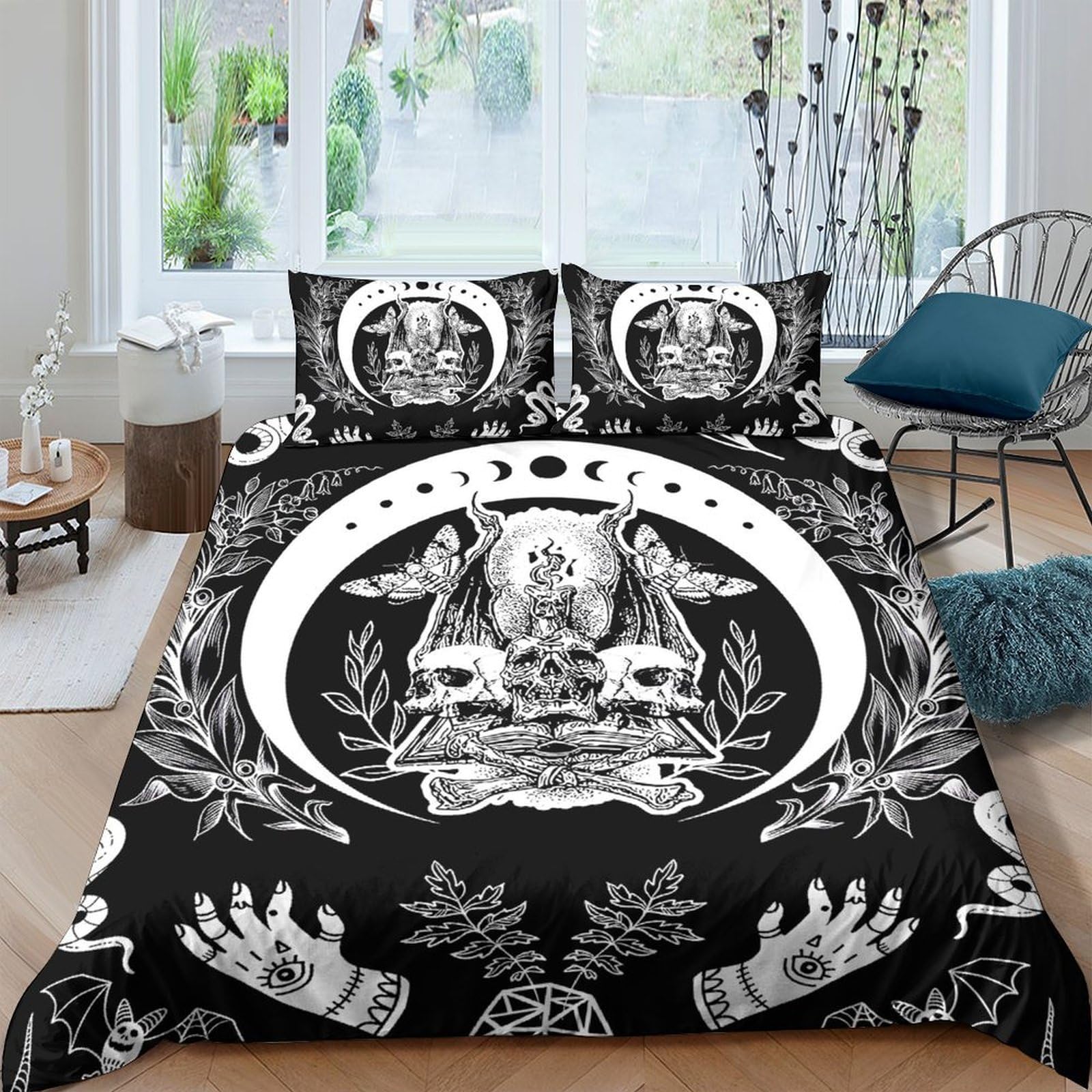 GPLZQXKJNH 3D Printed Occult Witchcraft Duvet Cover Microfiber Soft Black Gothic Mystic Bedding Set with 2 Pillowcases for Bedroom Decor Single（135x200cm）