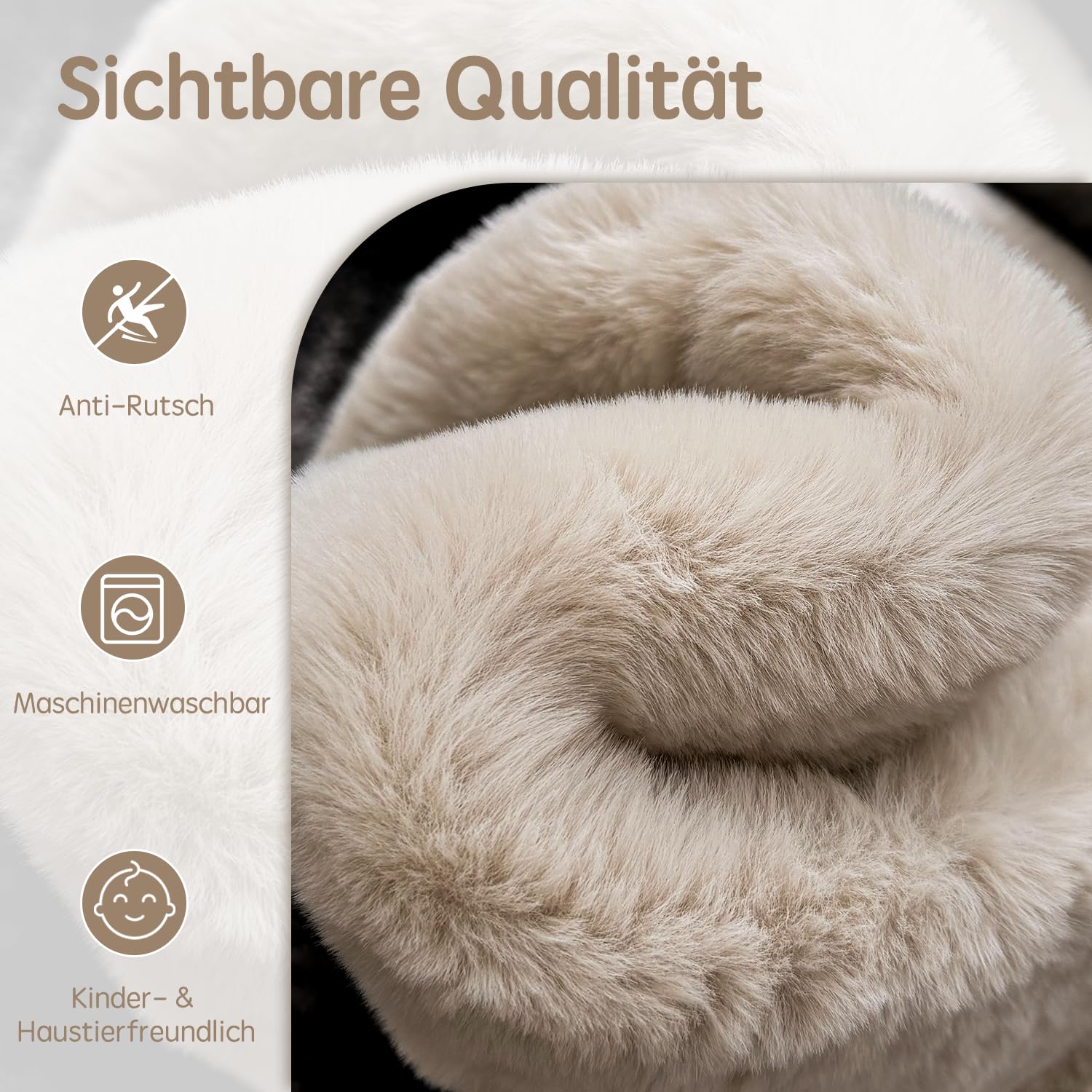 Kunstfell Teppich Kurzflor Wohnzimmer Rund 120 cm Beige Waschbar | Kaninchenfell-Optik | Maschinenwaschbar & rutschfest | OEKO-TEX zertifiziert | Ideal für Sofa, Schlafzimmer & Kinderzimmer