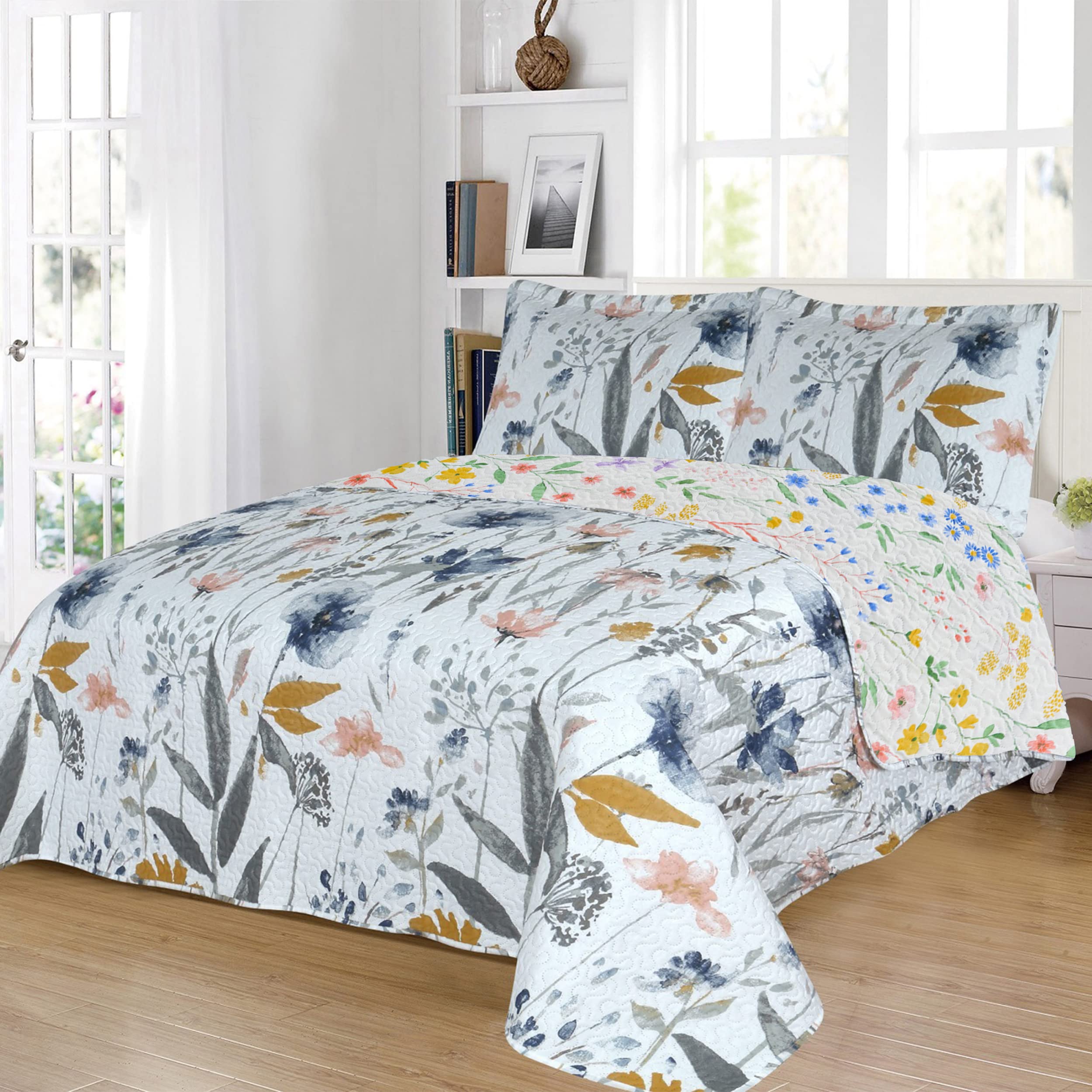 Colcha Bouti Reversible Estampada 100% Microfibra Extra Suave Colcha Cubre Cama Multiusos para Primavera y Verano Incluye 2 Fundas de Cojín 50x70cmCama 140/150/160 - 250x260cm - Flores Acuarela