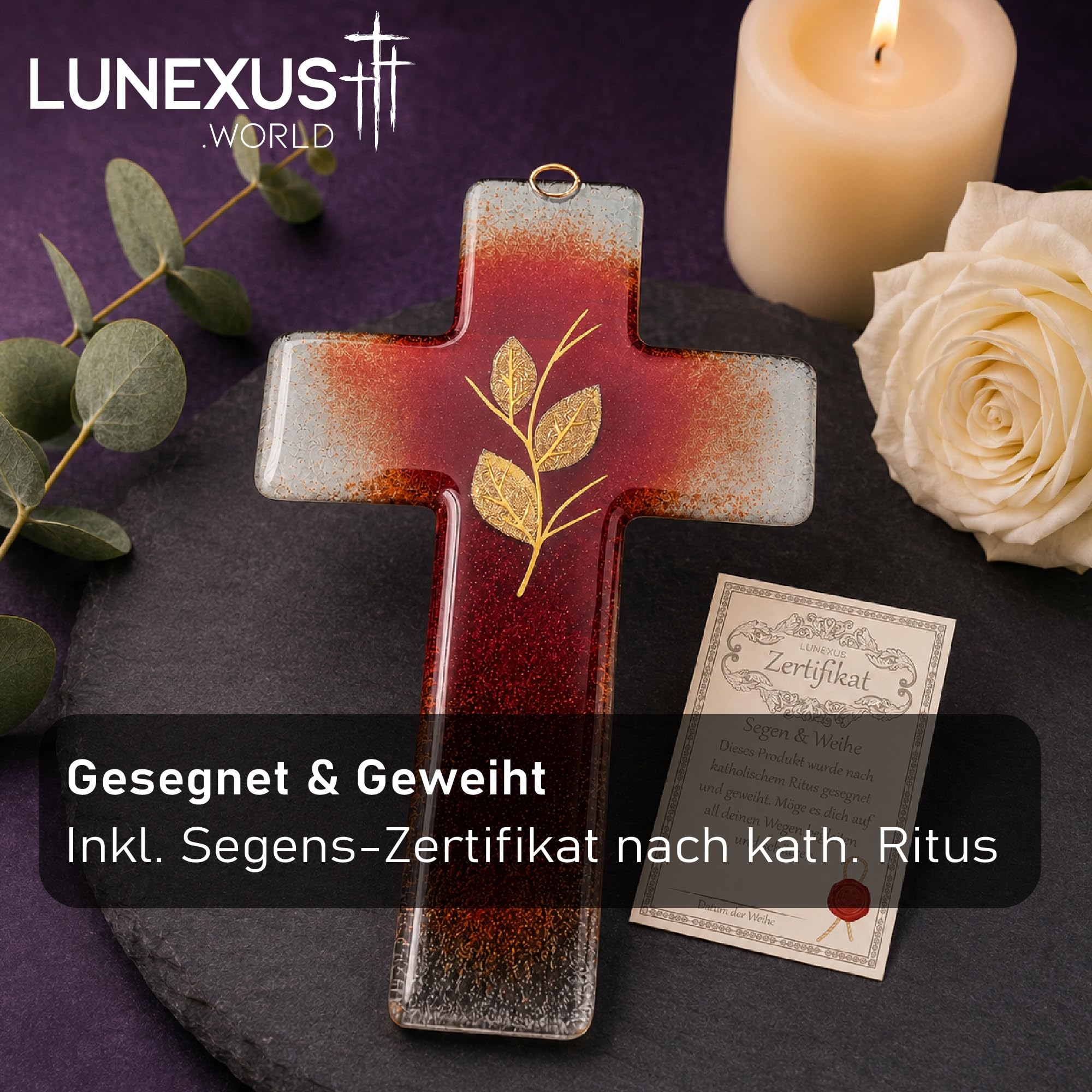 Lunexus Szklany krzyż 20 cm, ręcznie wykonany, krzyż ścienny, szkło czerwone złoto, prezent na chrzest, krzyż, chrzest, dla dziewcząt, chłopców, prezent na komunię, prezent firmowy, prezent religijny