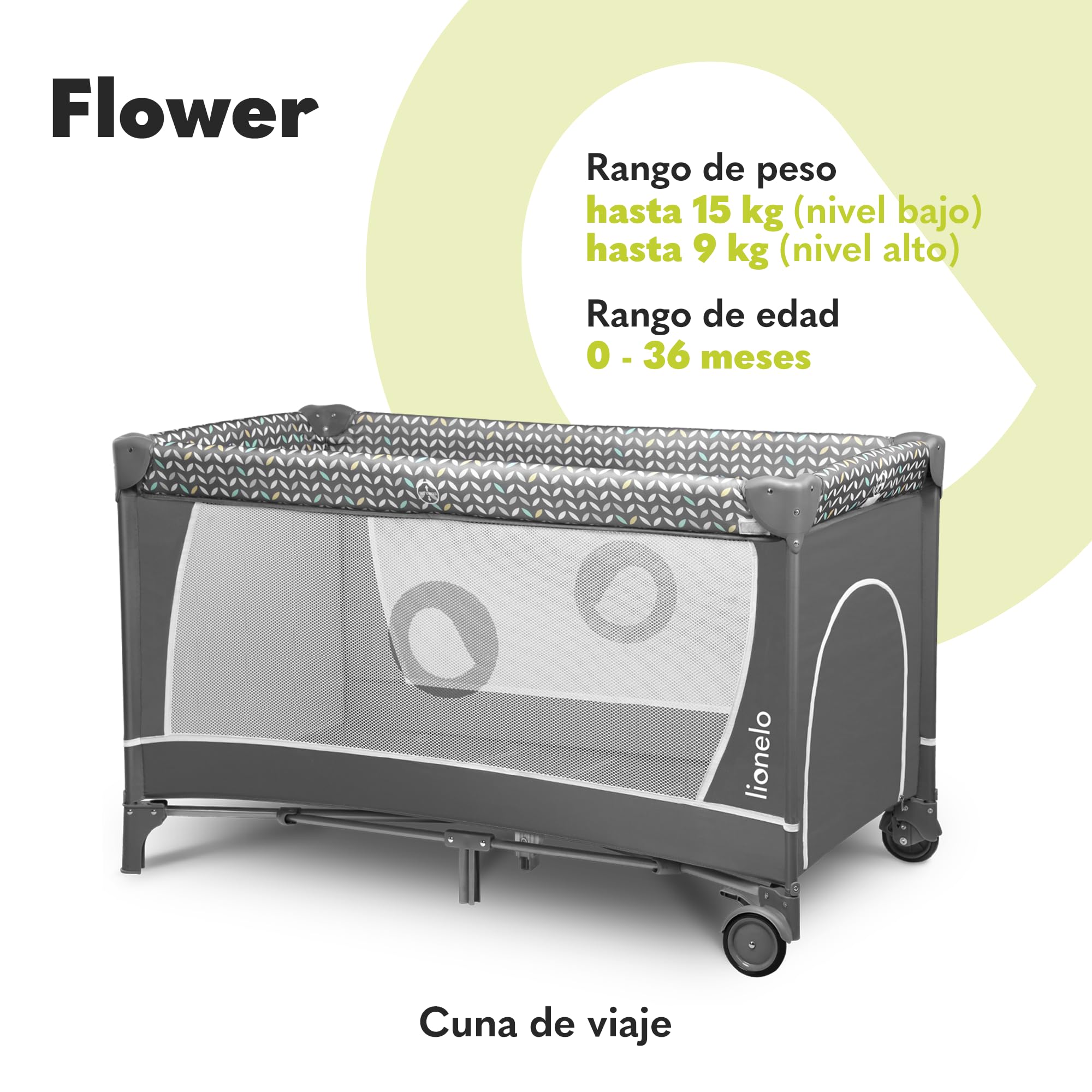 lionelo Flower Camita de Viaje 4 en 1 65 x 125 x 76 cm para niños hasta 15 kg Colchón Organizador Cambiador Toy Bar Juguetes interactivos 2 Reudas Compacta Bolsa para Transportar Gris (Grey Scandi)
