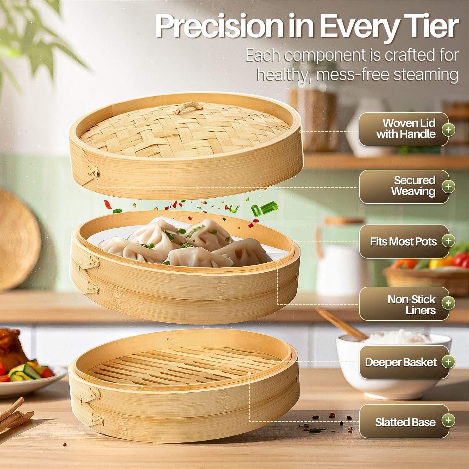 Flexzion Set vaporiera cestello per cucina a vapore in bambù (25 cm / 10 pollici) con 50 strisce per cottura e 2 paia di bacchette, Accessori elettrodomestici di bamboo per cottura di alimenti