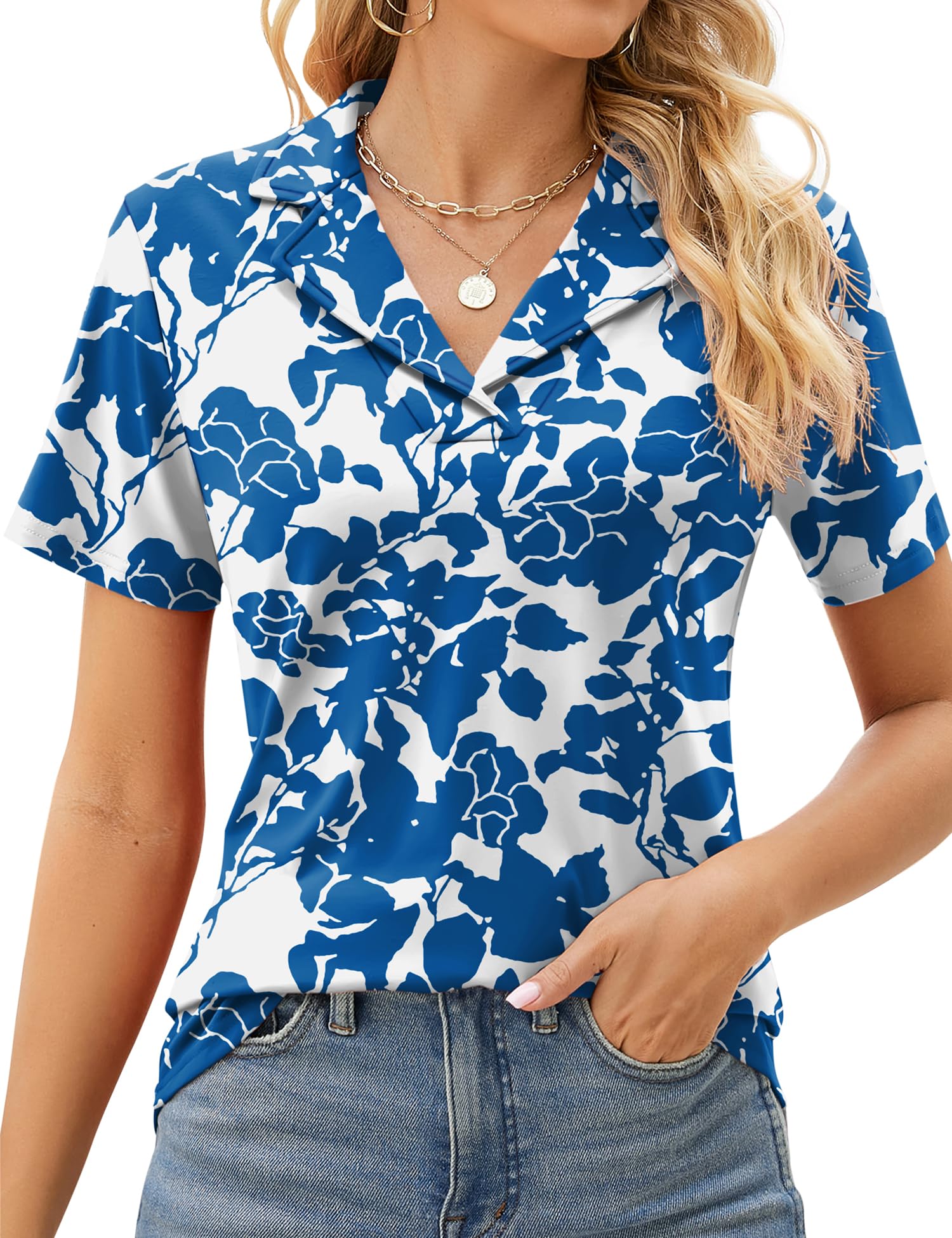 Rapbin Women's Polo Shirts Lapel Collar V Neck Short Sleeve Blouse Dressy Casual Tunic Tops