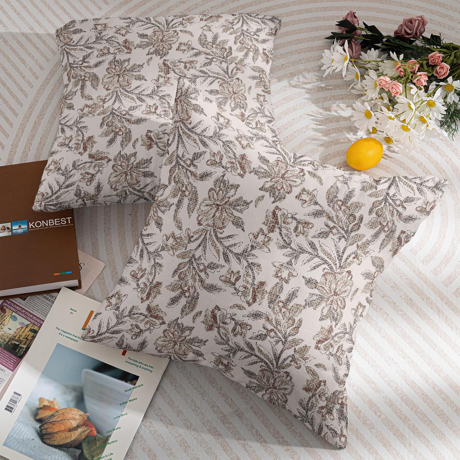 Robvobe Floral Block Print Pillow Covers 24x24 Set of 2 Vintage Flower Brown Grey Decorative Throw Pillows Outdoor Rustic Farmhouse Pillowcases Cushion Case Decor for Home Sofa Couch Bed