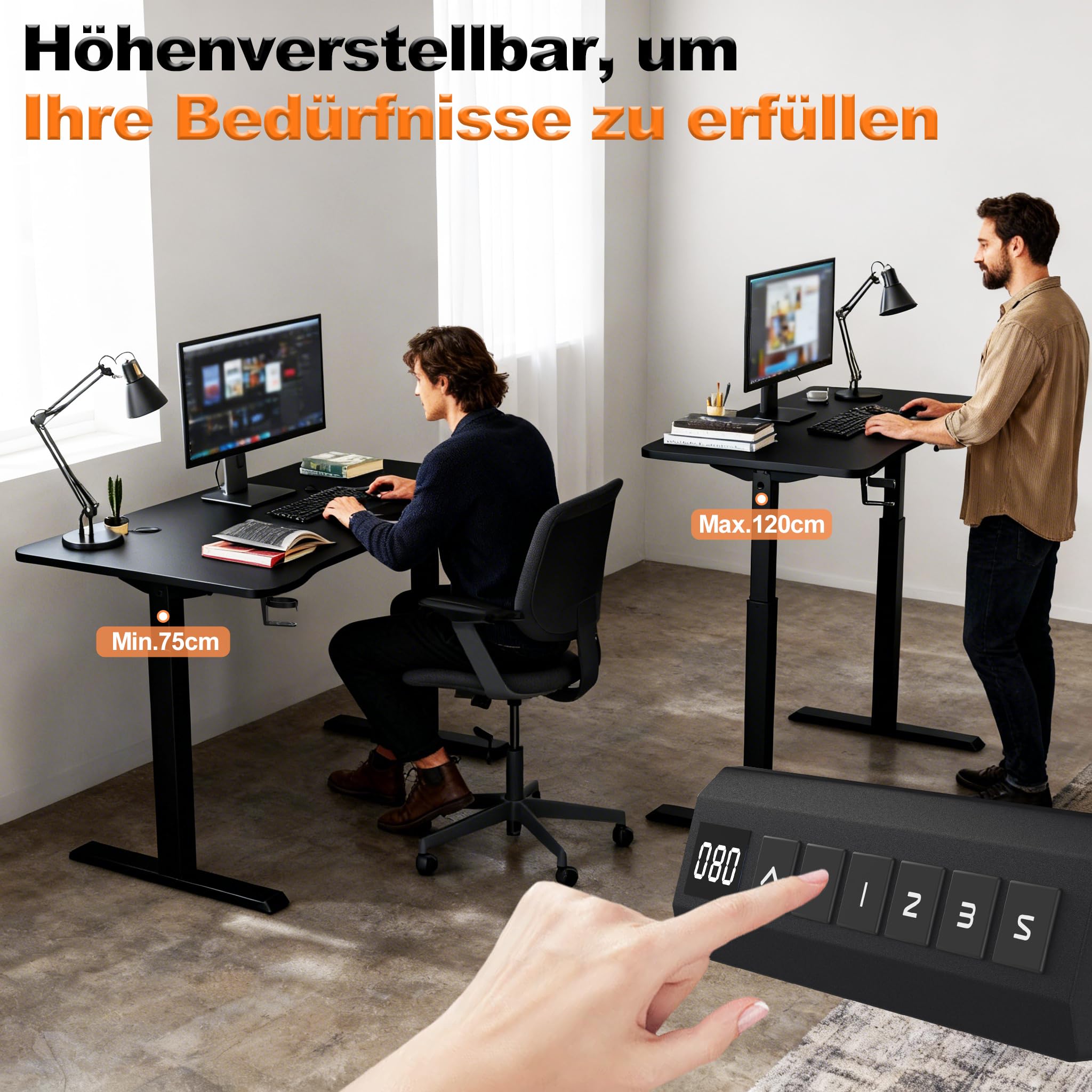 FIVMEN Höhenverstellbarer Schreibtisch 140x60 cm Elektrisch Computertisch Bürotisch mit Typ-C Ladeanschluss, Kopfhörerhake und Getränkehalter Elektrischer Steh-Sitz Tisch mit Memory-Funktion, Braun