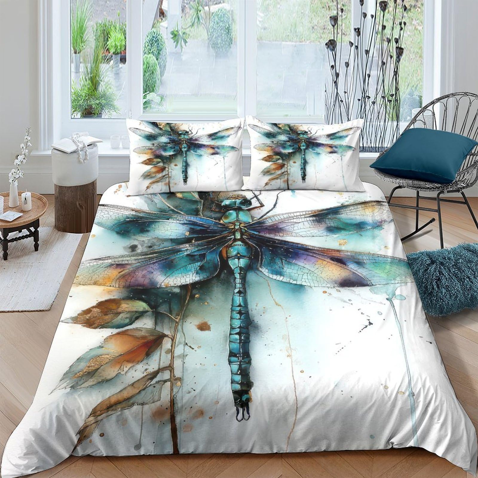 Ctjqhvkz Style-6 3D Printed Dragonfly Art Fitted Sheet Microfiber Soft Watercolor Nature Mattress Cover Bedroom Decor Single（135X200cm）