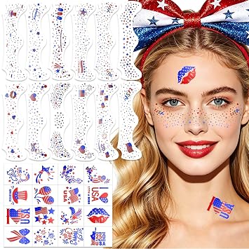 28 PCS 4th of July Freckles Face Tattoos, Glitter Red White Blue USA Flag Stars Patriotic Tattoos Face Stickers, American Independence Day Party Makeup, Fourth of July Accessories