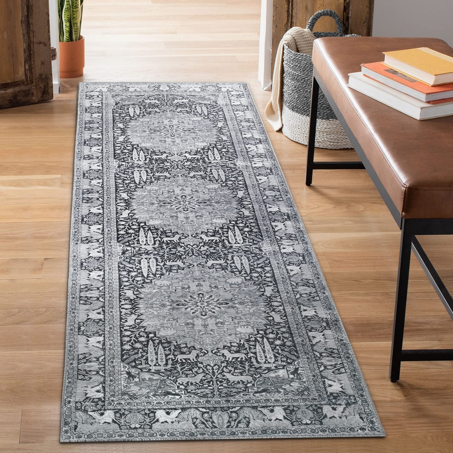 superior large indoor runner rug, modern floor decor for living/dining, bedroom, kitchen, office, entry, flat-weave, medallion, wildlife, cotton backing, copley collection, 2' 6" x 7' 6", charcoal