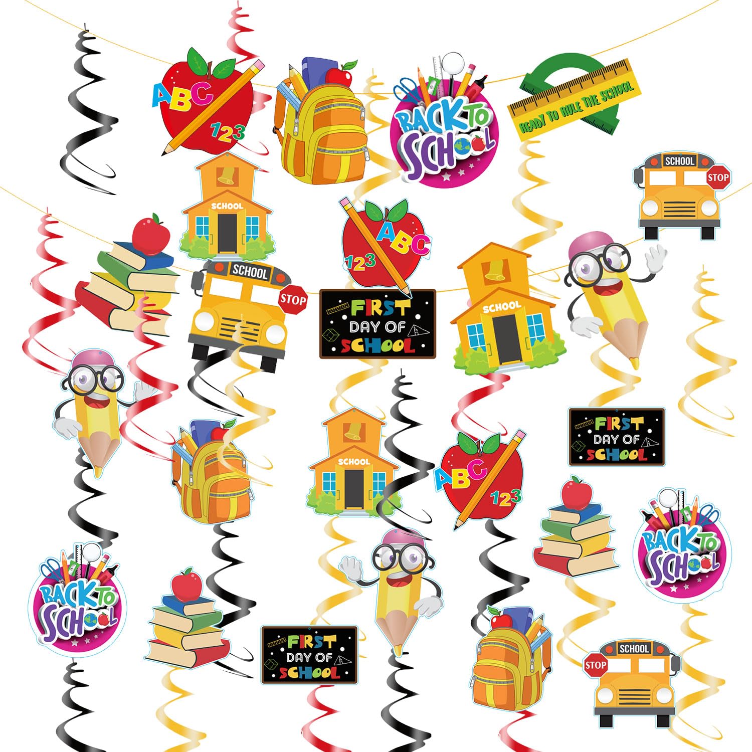 HOWHYUE 32 Pcs Back to School Decorations, Welcome Back to School Banner, First Day of School Decorations, Hanging Swirls, School Element Cards