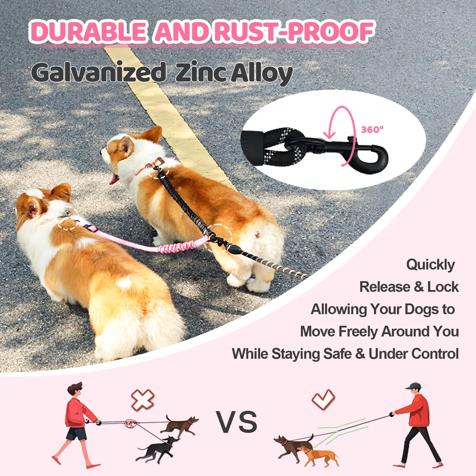 Correa doble para perro – Accesorio divisor giratorio de 360° sin enredos, 1 cuerda con asa, correa multifuncional para 2 perros, para caminar al aire libre, tren pequeño, mediano, grande, dos