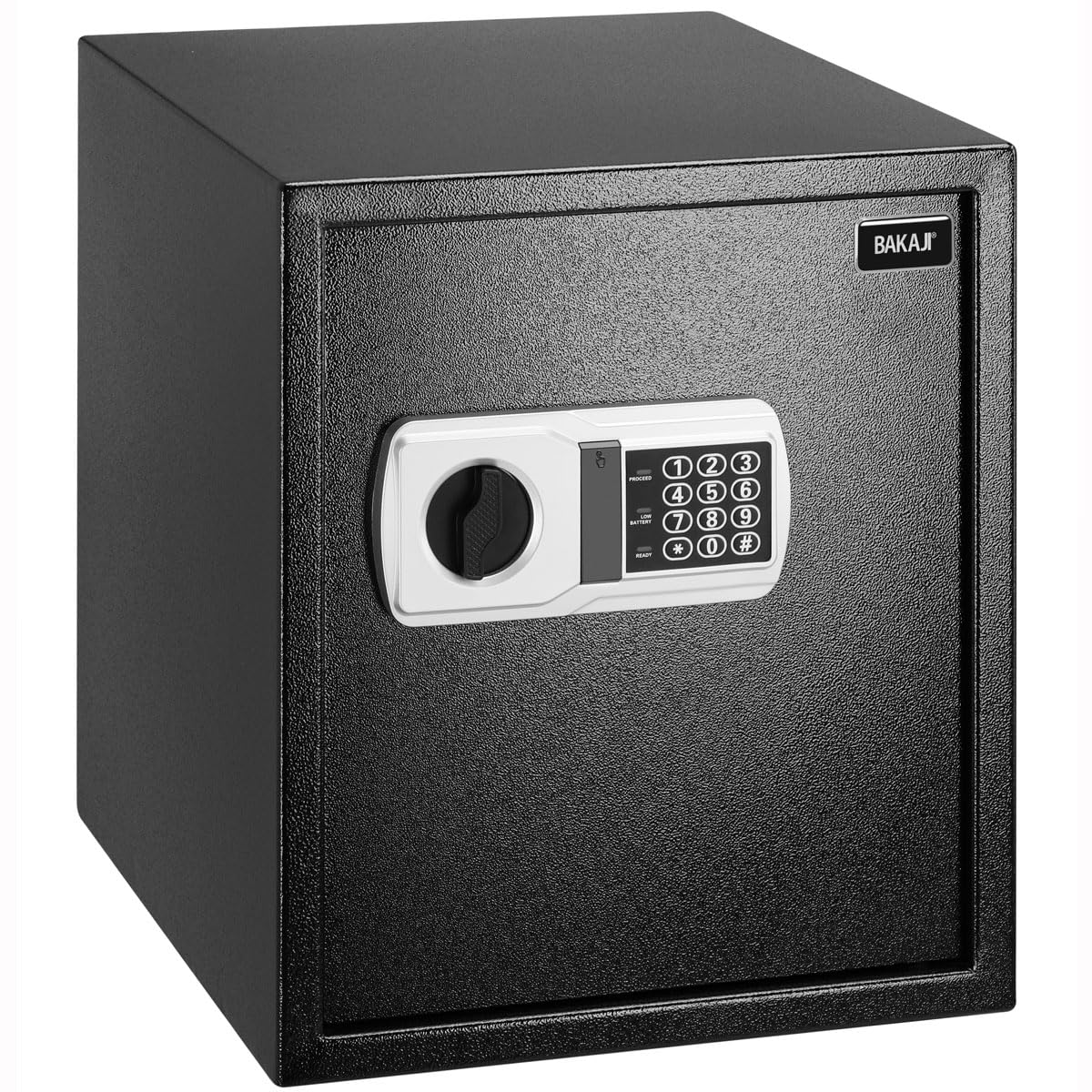 BAKAJI Cassaforte Elettronica di Sicurezza con Box Batteria Esterno, Cassetta Porta Valori e Documenti Antiscasso per Casa, Hotel, Armadio a Muro Parete o Indipendente, 40 x 35 x 40 cm (Nero)