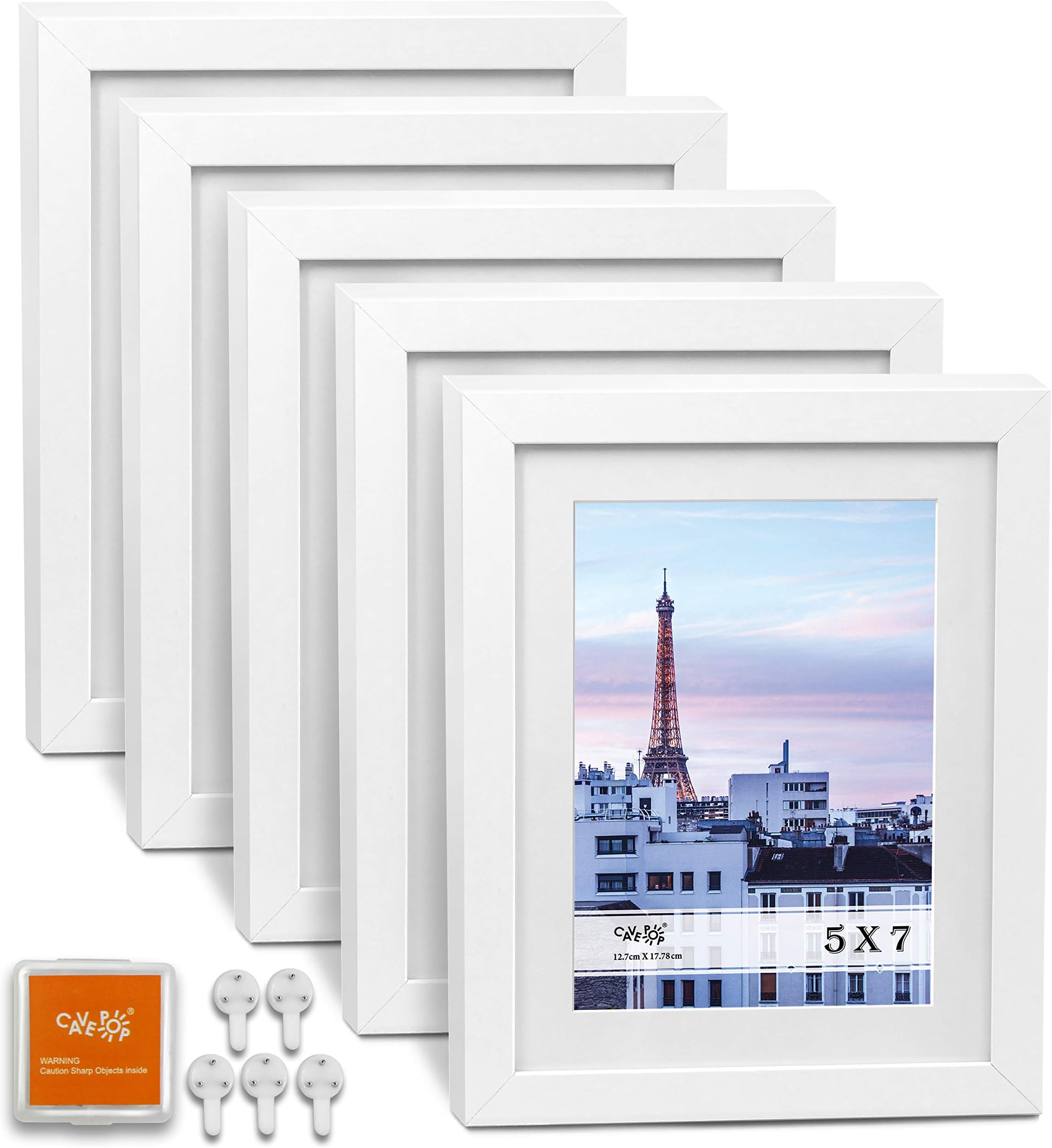 CAVEPOP 5x7 White Picture Frames 5-Sets, Made to Display (6.25x8.25” Ivory Color Mat 5x7”) Collage Picture Frame Sets