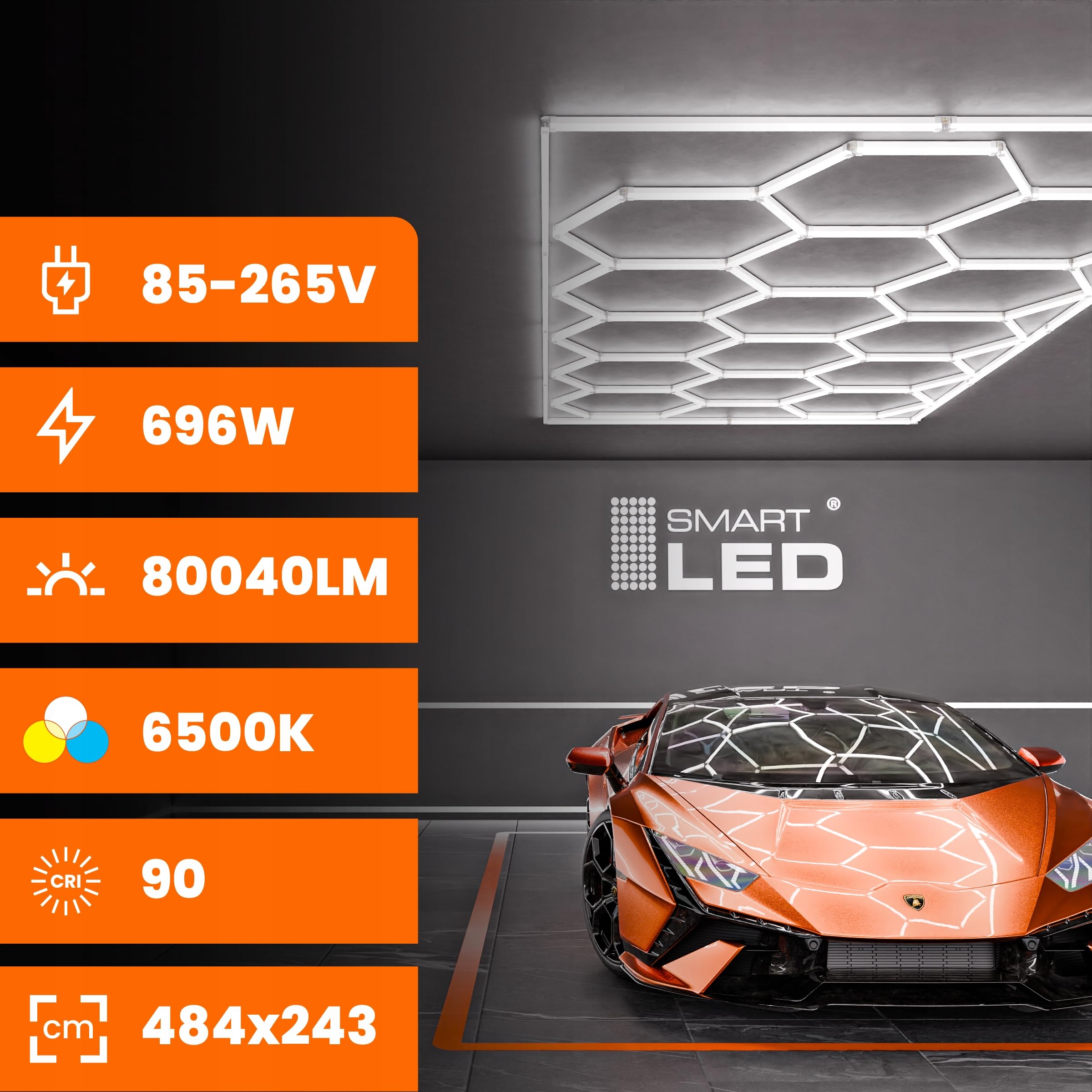 Garagenlampe Hexagon LED 484x243 cm – 15er Set Werkstattbeleuchtung 696W 6500K Kaltweiß – 115LM/W – IP54 – Flimmerfrei – CRI>90 – LED Panel Lichtsystem für Garage, Studio, Detailing, Büro