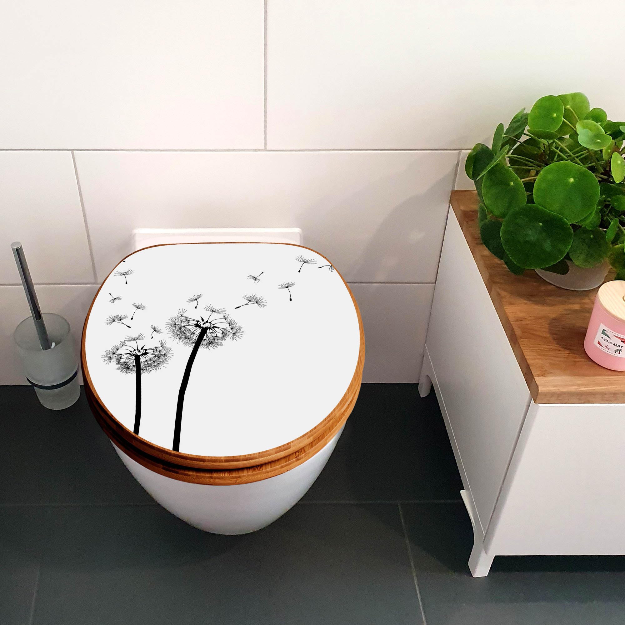 banjado Design WC Sitz Bambus Absenkautomatik 45,8x37,5cm - Toilettendeckel mit Absenkautomatik Holz - hochwertiger Bambus Klodeckel - WC-Sitz für gängigen Toiletten - Motiv Pusteblume 2