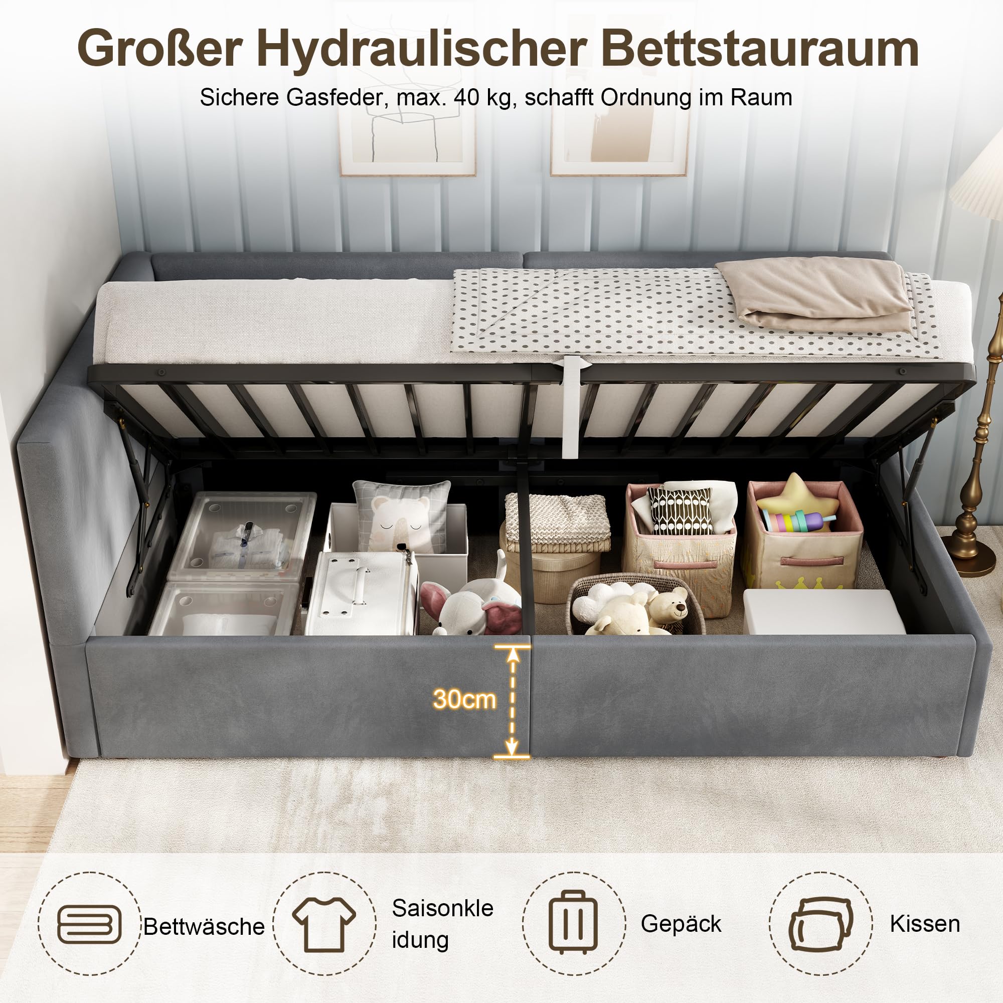 LUXOAK Polsterbett Schlafsofa 90x200 mit Hydraulischem Stauraum & Metall-Lattenrost, Tagesbett aus Samt, Kinderbett Gästebett Jugendbett (Dunkelgrau)