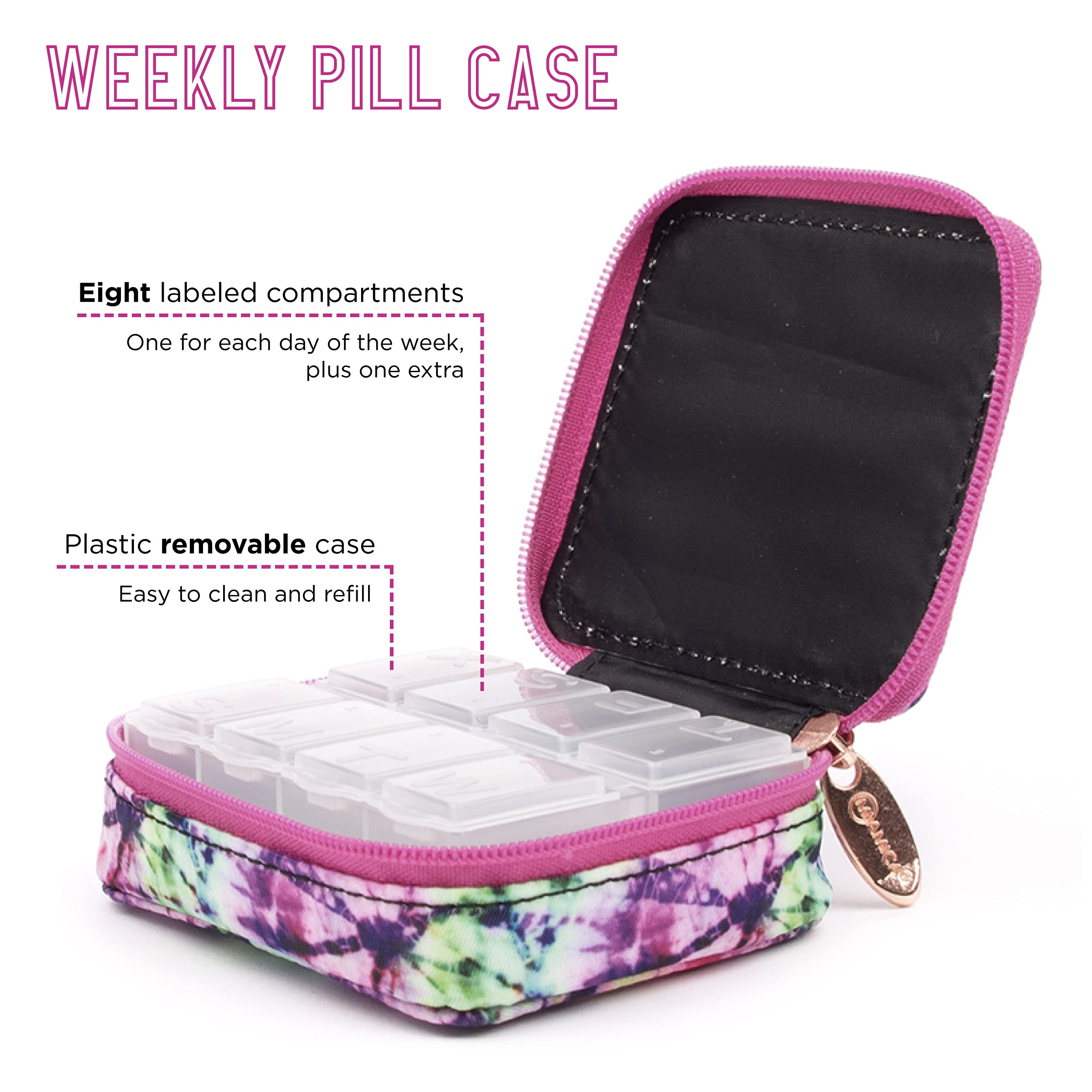 Miamica Zippered Pill Case with 8-Day Removable Plastic Organizer, Magenta Tie Dye, 3.5” x 2.75” x 1.25” – Cute Weekly Medicine Box w/Compact Design