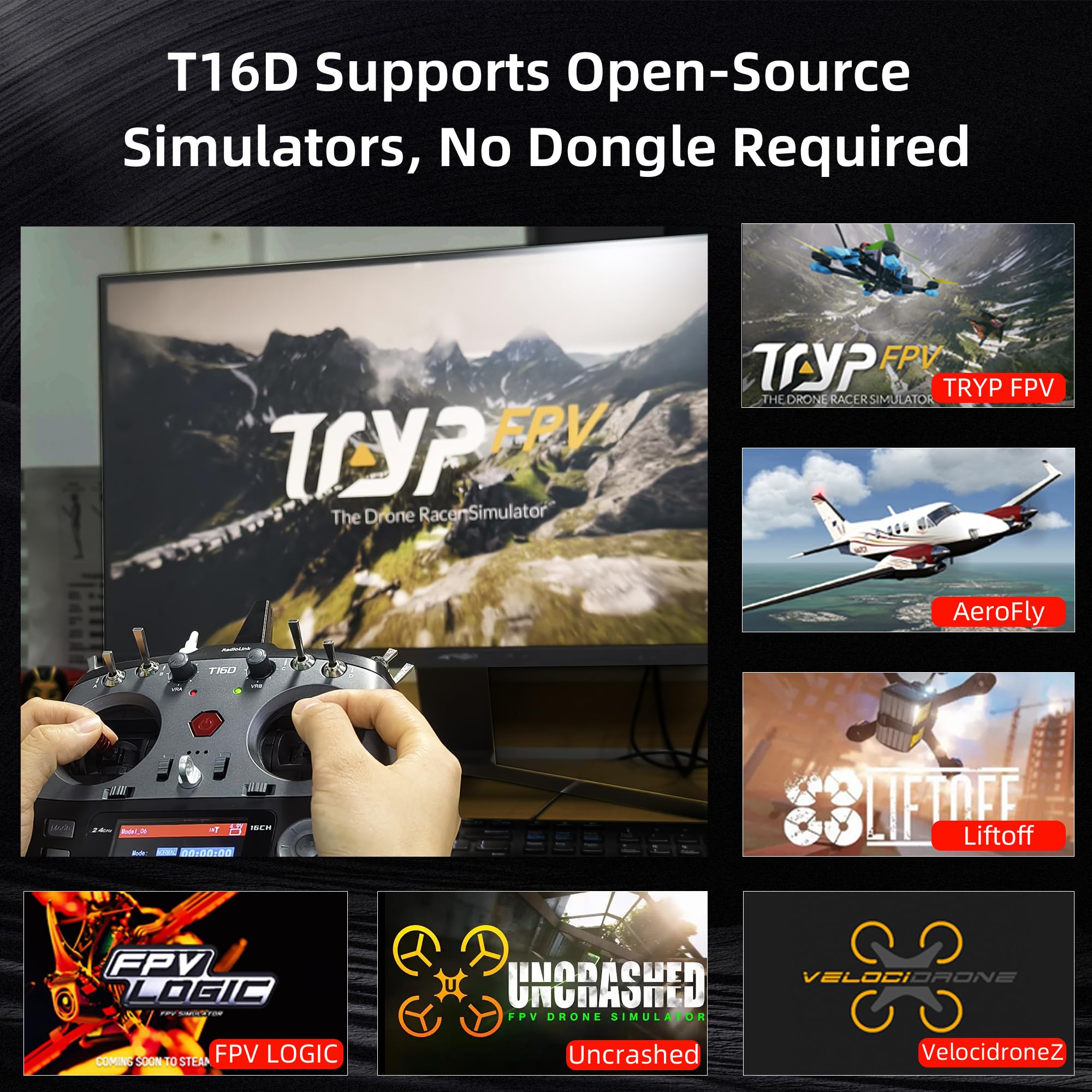 Various Radiolink receivers compatible with the T16D transmitter, including R16F, R12F, R8FG, R7FG, and others