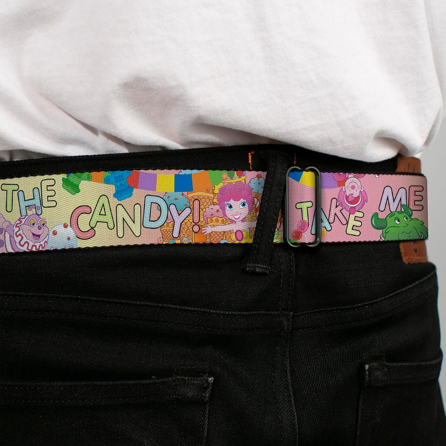 Hasbro Belt, Seatbelt Buckle Belt, Candy Land Take Me To The Candy Character Collage Multi Color, Adjustable