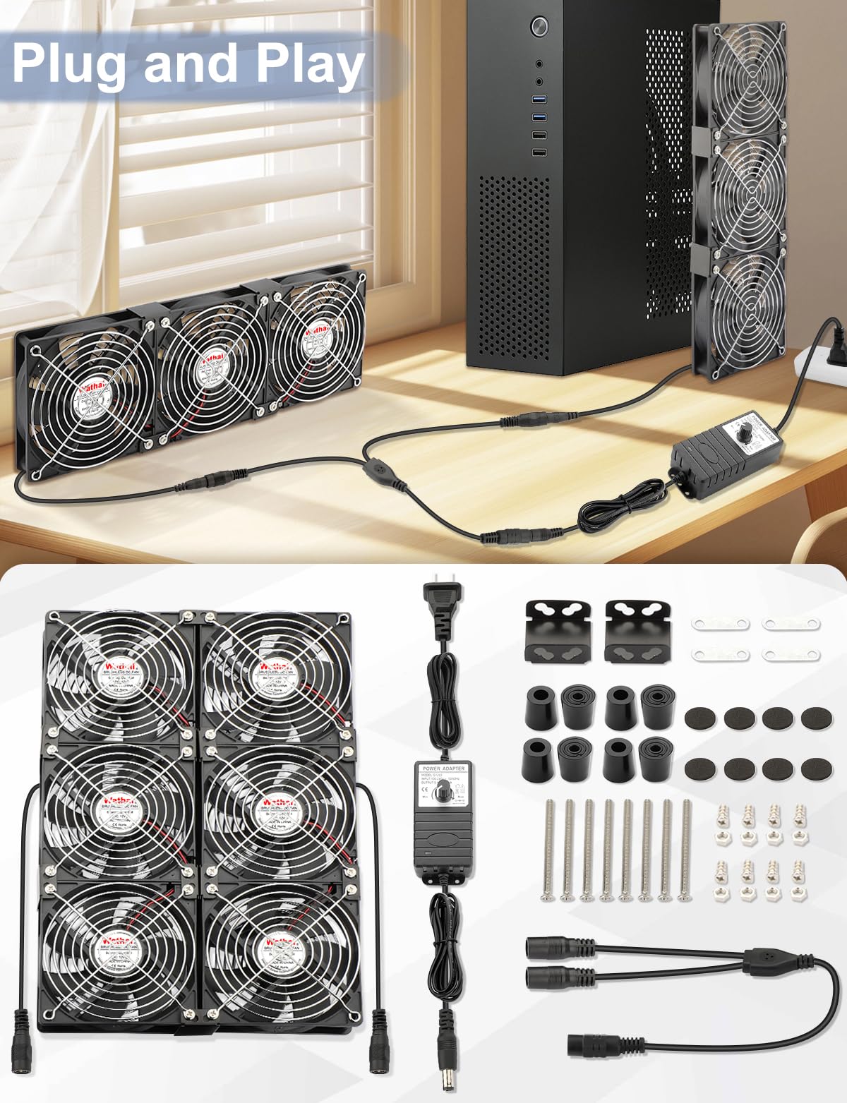 Wathai 6x 120mm Gehäuse Computerlüfter mit Netzstecker, Dual Ball Lager und Drehzahlregler für Serverracks, Gewächshäuser, Keller sowie Fensterentlüftung und Kühlung