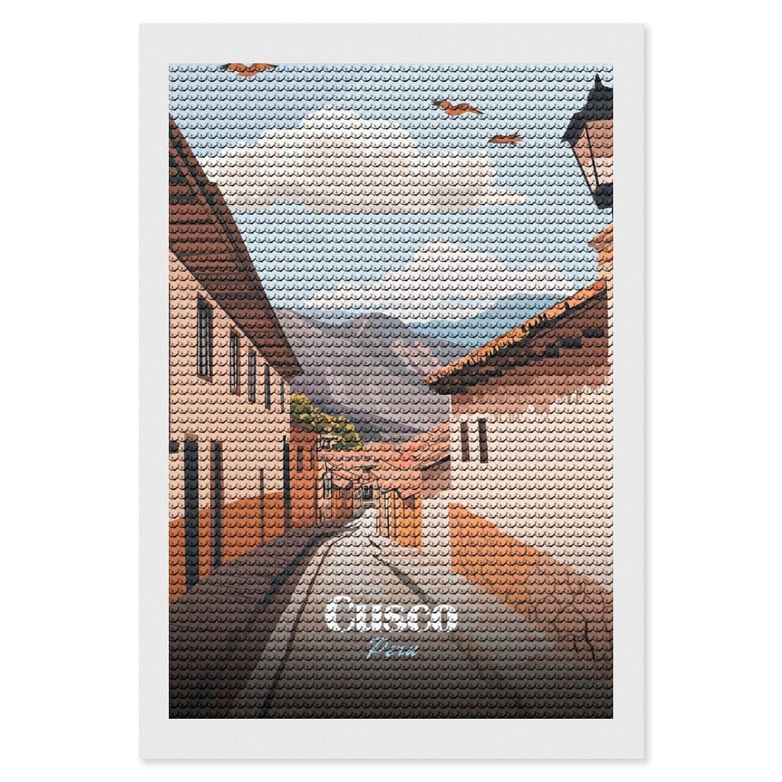 Junmoney Cusco, Peru Street View Illustration Diamond Painting Set 8"x12", Holiday Gift Idea, for Creative Relaxation, Fun Craft Experience, Vintage Style Decor
