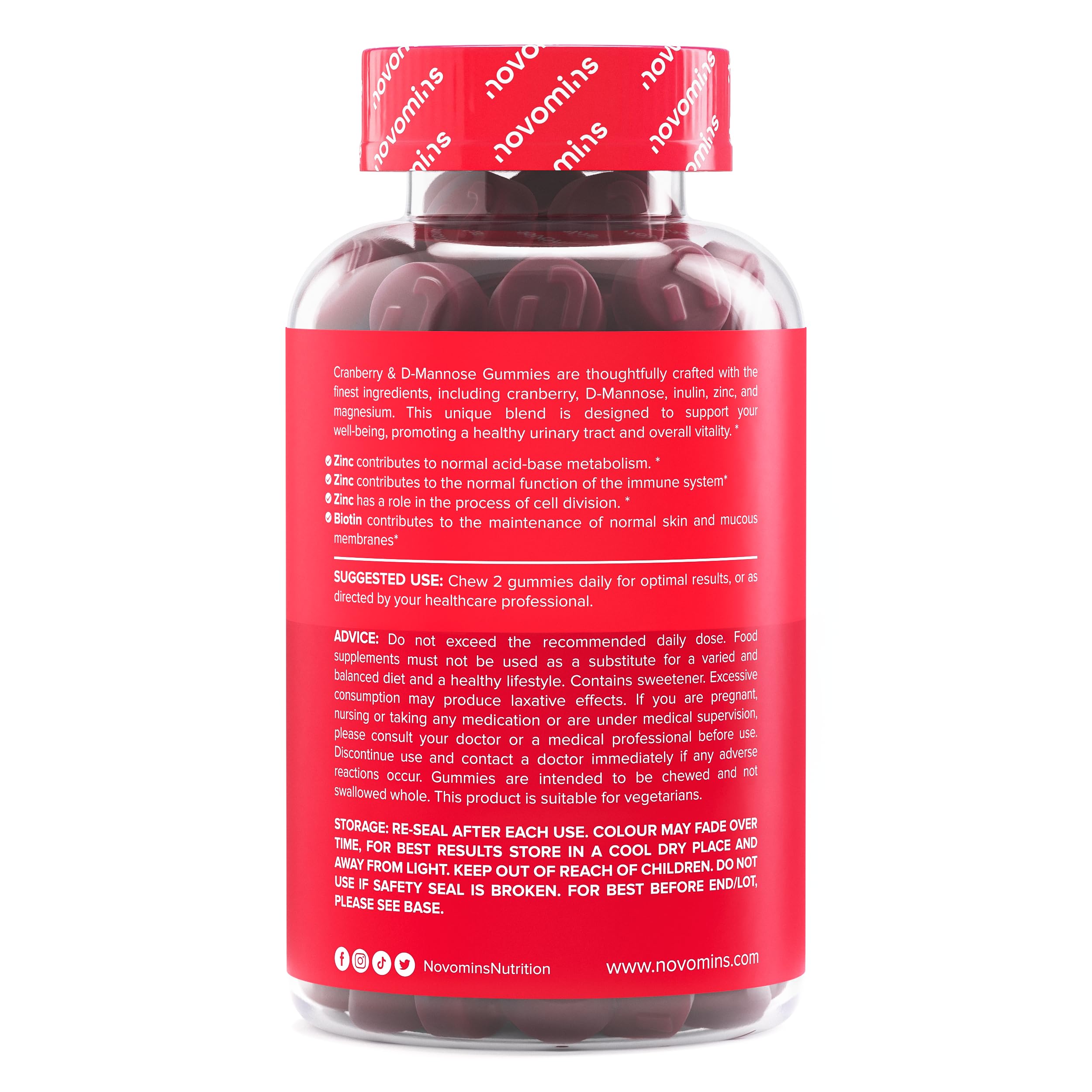 Mirtillo Rosso e D-Mannosio Gommose – 600 mg Mirtillo + 400 mg D-Mannosio – con Zinco e Biotina – Vegan, Senza Glutine – 60 Gommose Gusto Fragola – Novomins