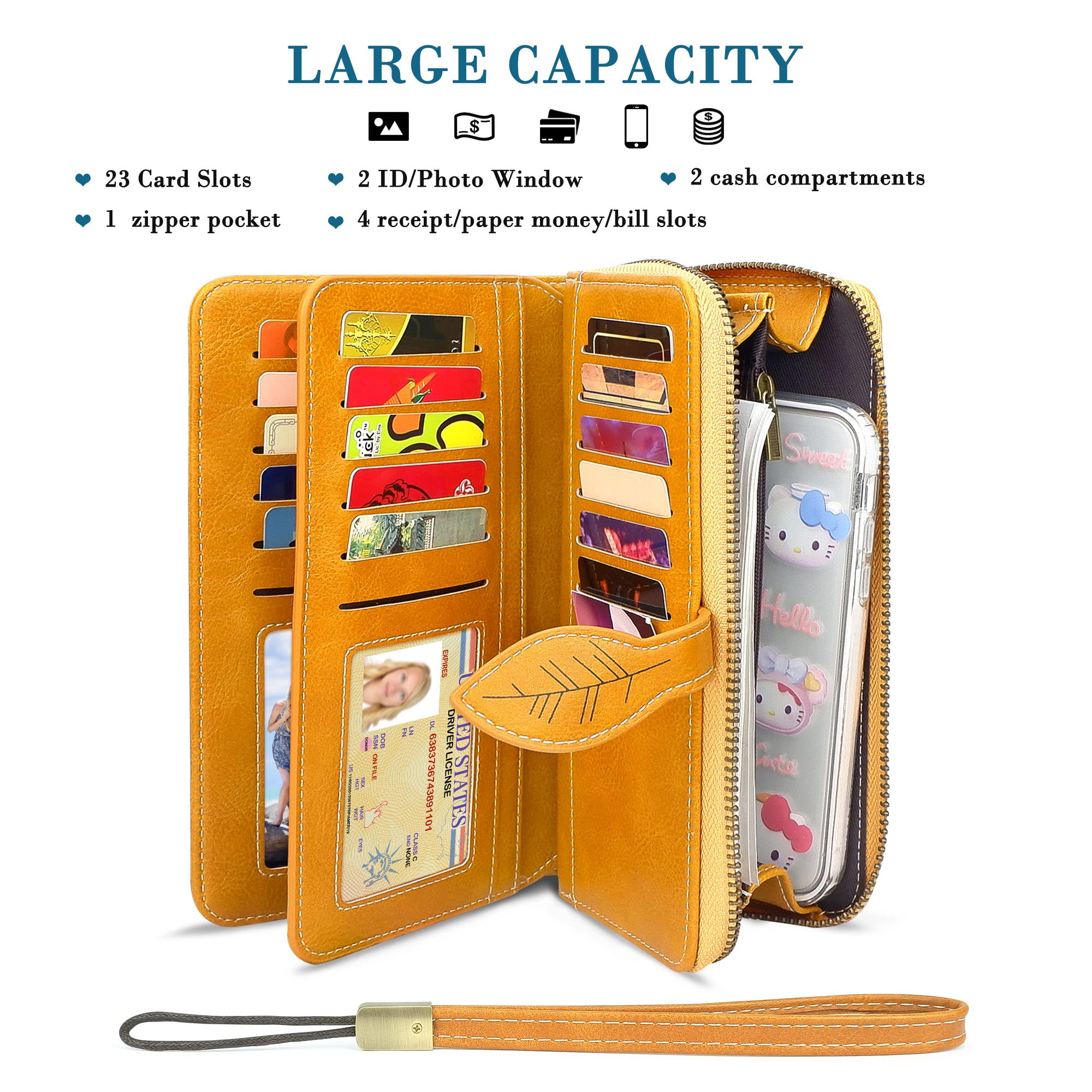 CONISY Womens Wallets Large Capacity, Multi Card Slots Clutch Long Wallet for Women with RFID Blocking (Yellow)