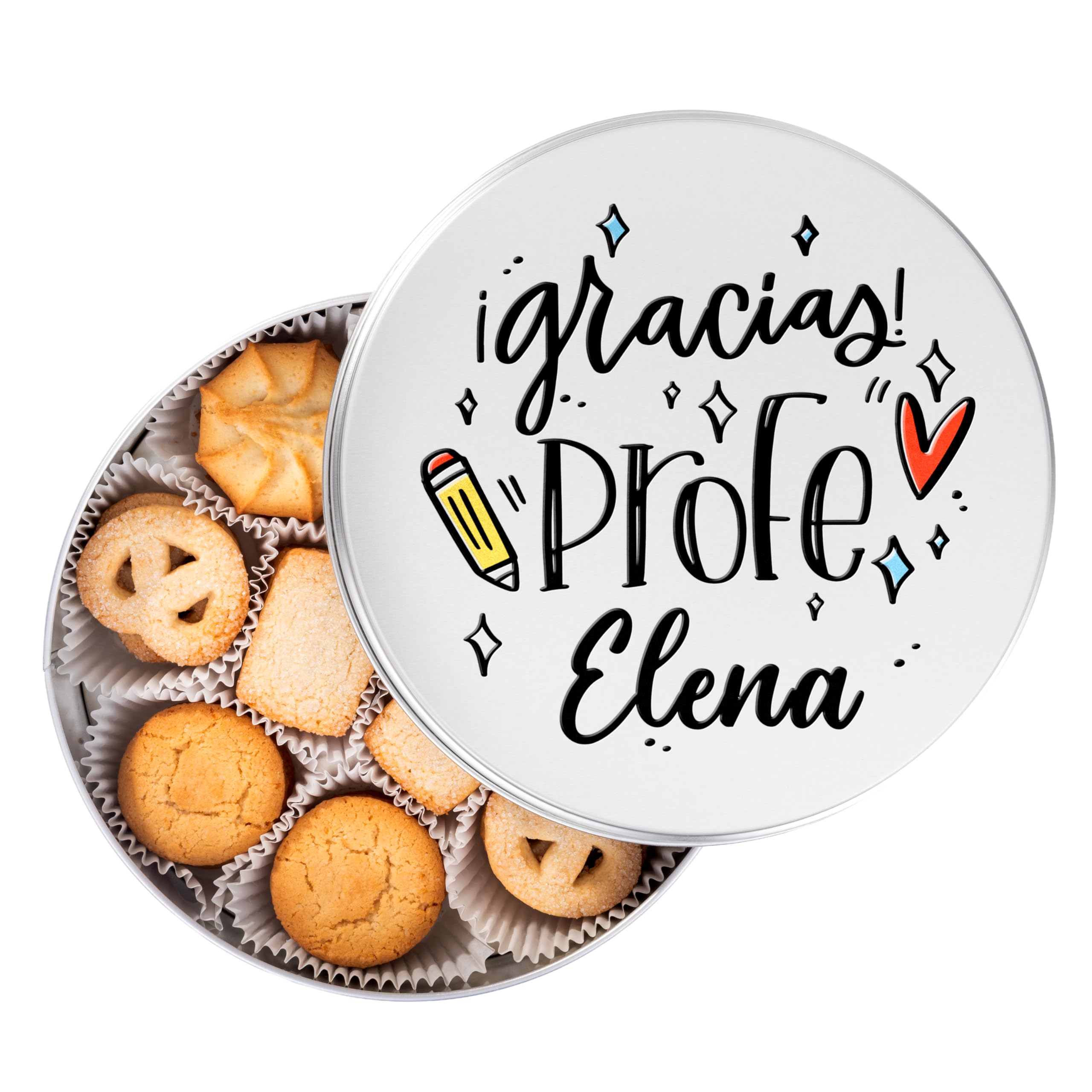 Made In Gift | Lata de Galletas Personalizada para Profesores – Regalo Fin de Curso con Nombre y Mensaje – Caja con Galletas de Mantequilla para Maestros y Seños (Gracias profe)