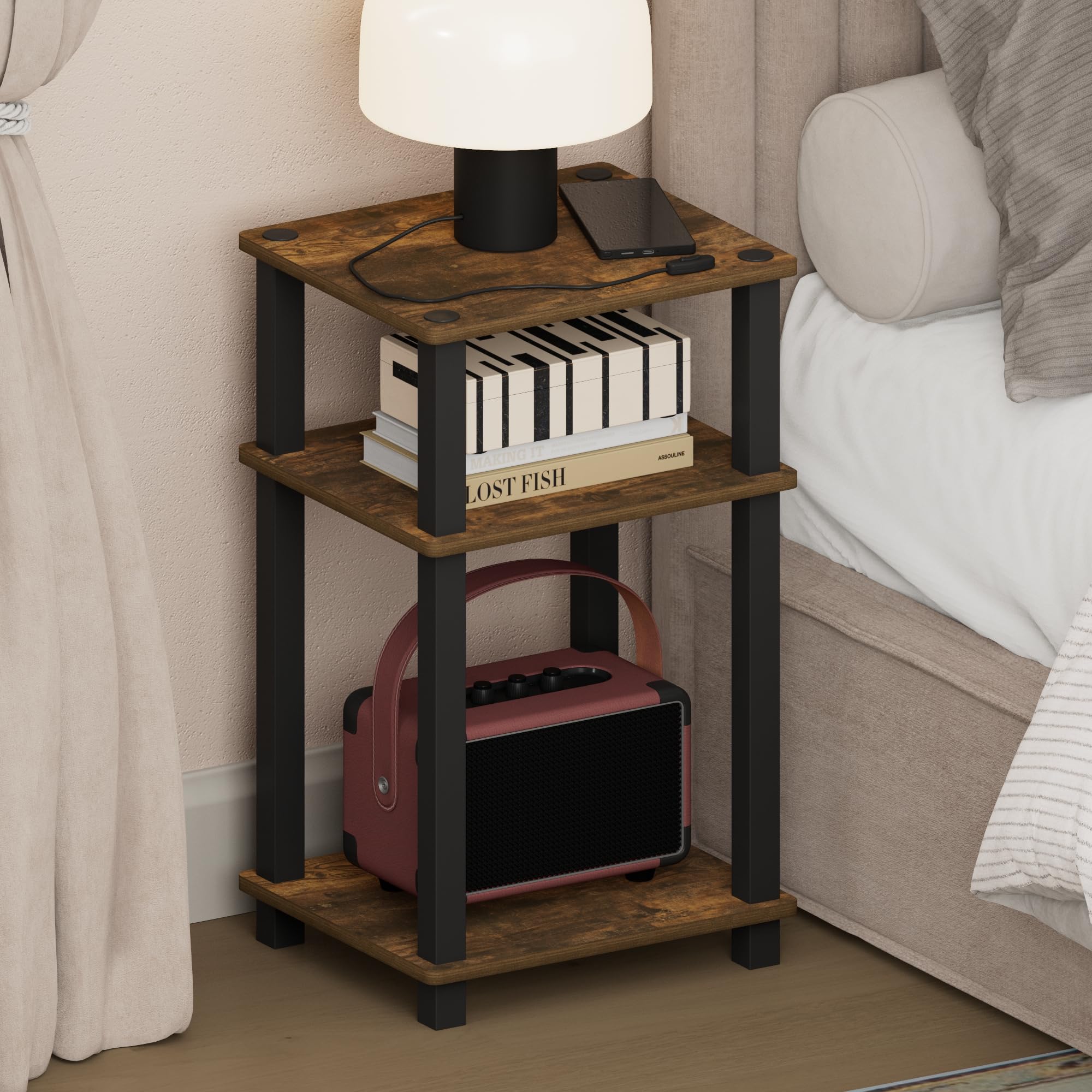Furinno JUST Night Stand, 3-Tier Nightstand Open Shelf, Toolless Assembly Bedside Table, End Table, Side Table, with Square Tube, for Living Room, Bedroom, Amber Pine