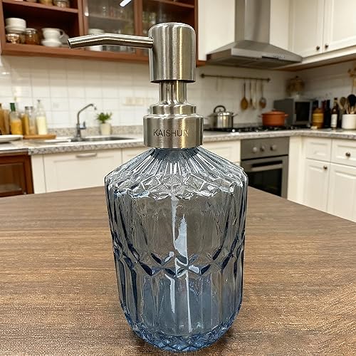 Miniatura 7 de Kaishun Dispensador de jabón recargable de 13 onzas, dispensador de jabón de vidrio para dispensar jabón de manos, jabón para platos, loción (azul)