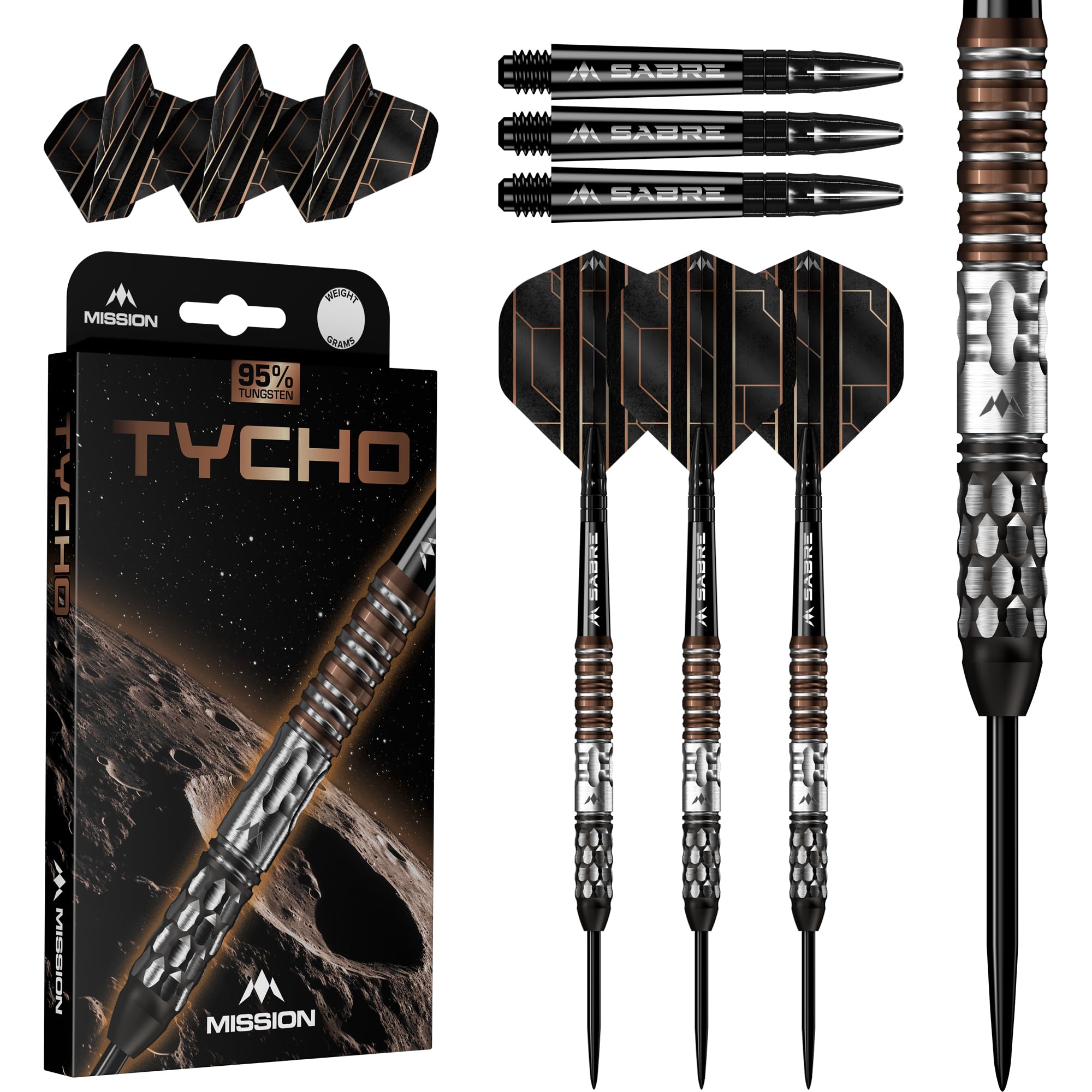 Mission Darts | Tycho | Steel Tip Darts | 90% Tungsten | Black & Bronze PVD | Multiple Weights (24, Grams)