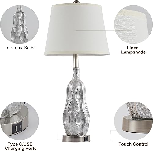 Miniatura 7 de Juego de 2 lámparas de cerámica de 28 pulgadas con control táctil, lámpara de mesa grande con 2 puertos USB, lámparas de mesa modernas para sala de