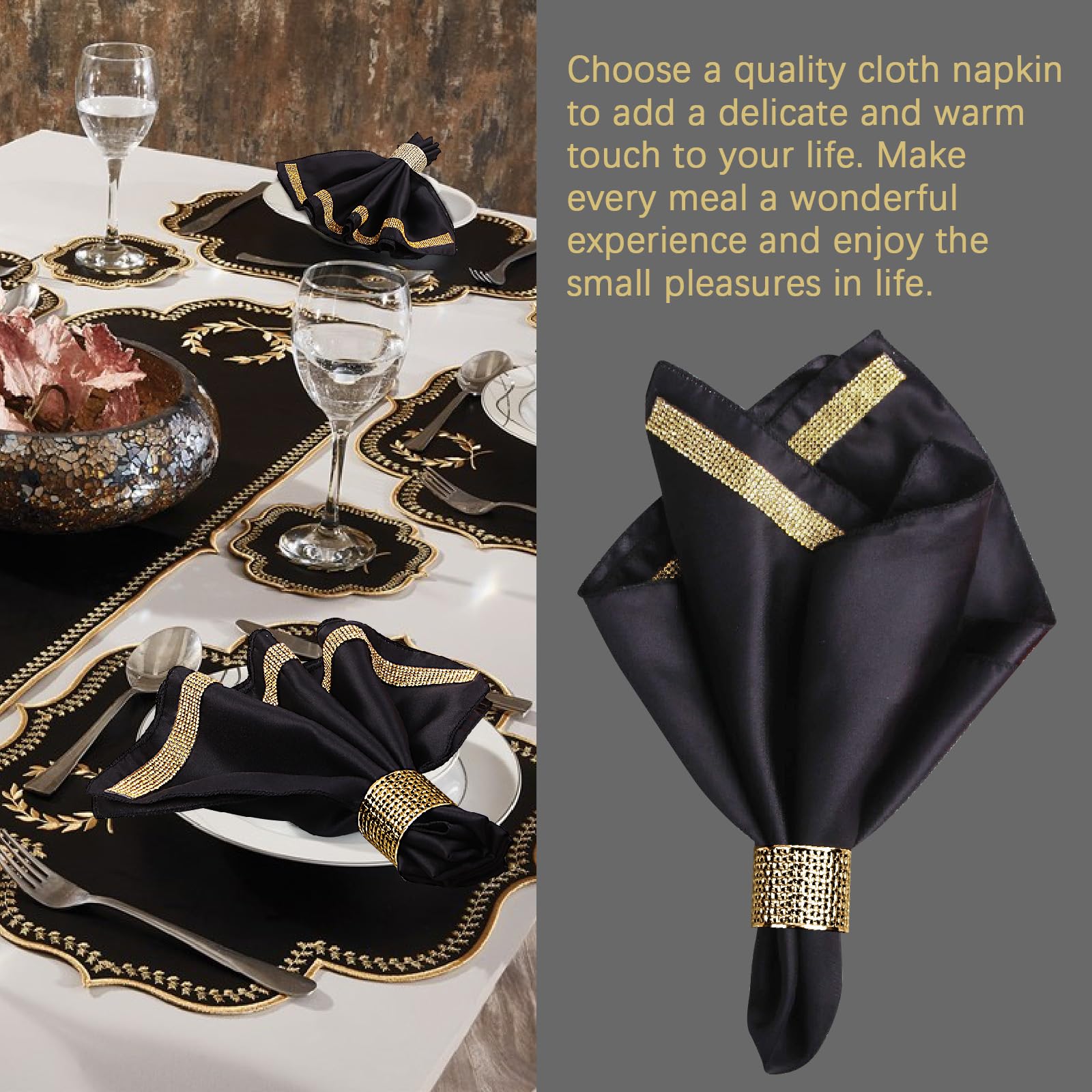 VIJIV 12 Pack Cloth Napkins and Gold Napkin Rings Set of 6, 17x17 Bling Trim Satin Cocktail Napkins Cloth Washable Personalized Dinner Napkins for Wedding Party Holiday Decorative
