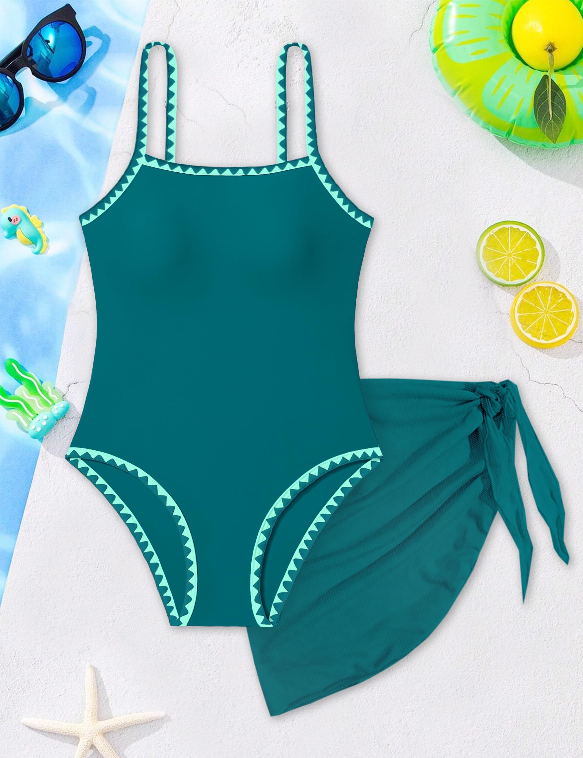 WIQI Traje de baño de una pieza para niñas, ribete de contraste de color, traje de baño para niñas con falda para cubrir, talla 9-16