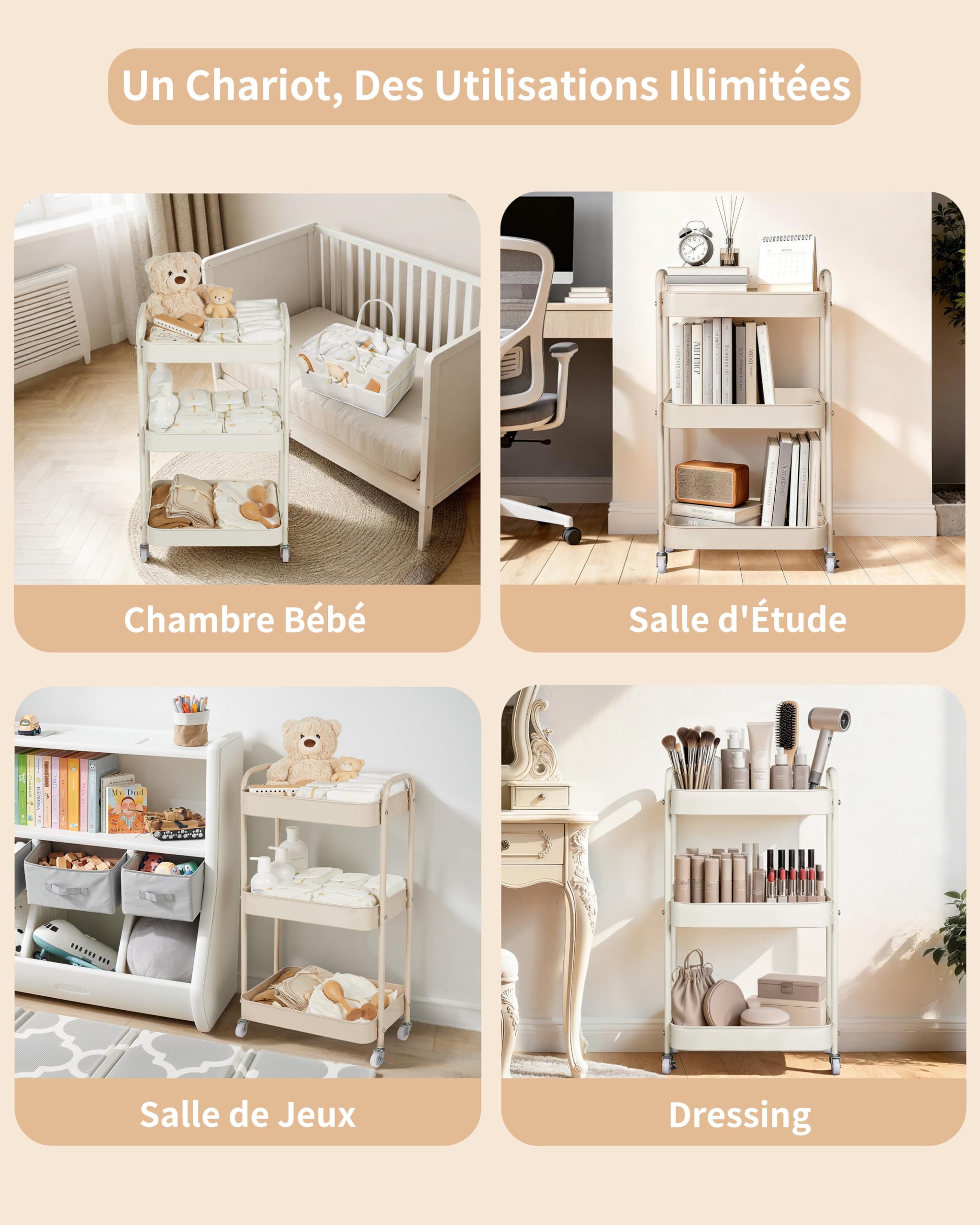 Fortella Desserte à Roulettes avec Panier Rangement Bébé, Chariot de Rangement 3 Niveaux, Sac a Langer Bebe Portable, Rangement Table a Langer Bebe, Organisateur Cuisine Chambre, Salle de Bain(Marron)