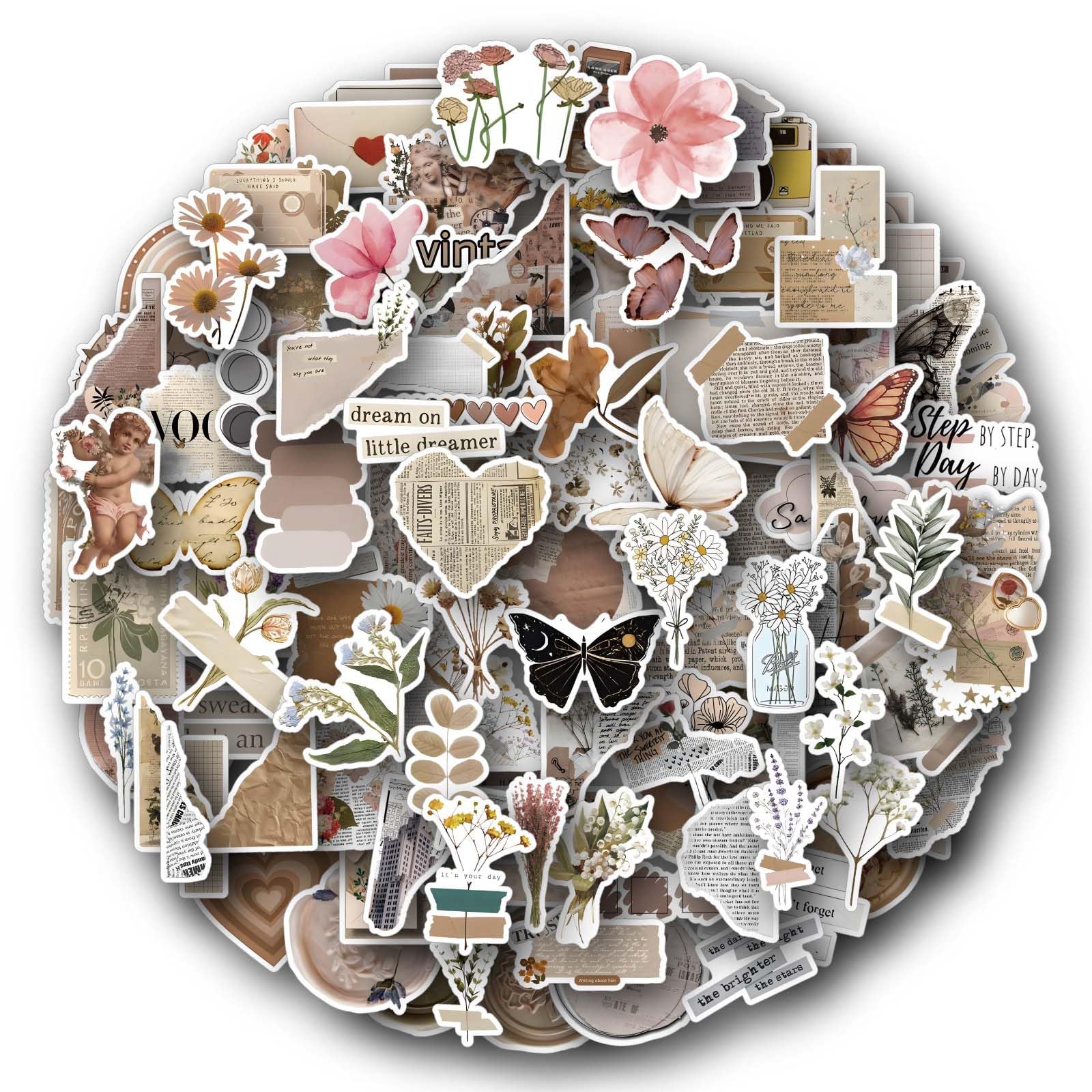 Vintage Stickers 120 PCS Retro Aesthetic Sticker Pack Aesthetic Vinyl Vintage Sticker Waterproof Retro Aesthetic Scrapbook Stickers for laptops, scrapbooks, notebooks, Guitars, suitcases, Skateboards
