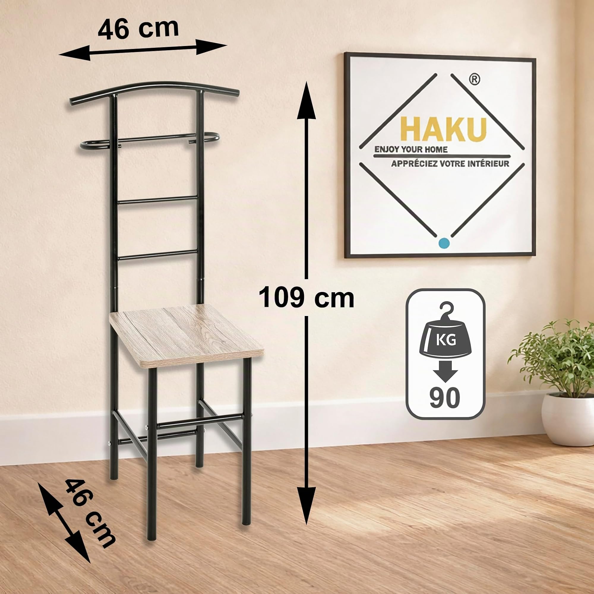 HAKU galán de noche Silla valet, silla de vestidor, valet silencioso, asiento de roble, negro, MDF, metal - Medidas: Ancho 46 x Alto 109 x Profundidad 46 cm, Estilo: Moderno