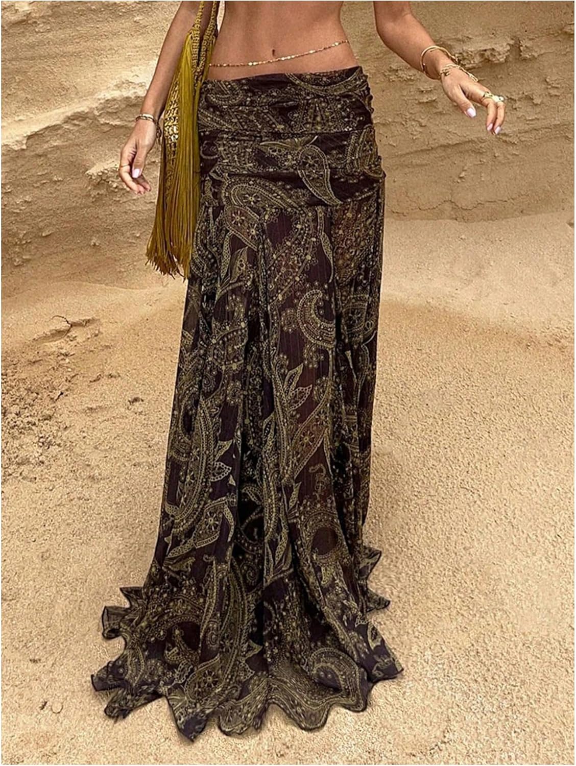 Verdusa Women's Paisley Maxi Skirt Boho Ruched Low Waisted Flowy Skirt Vintage Clothes