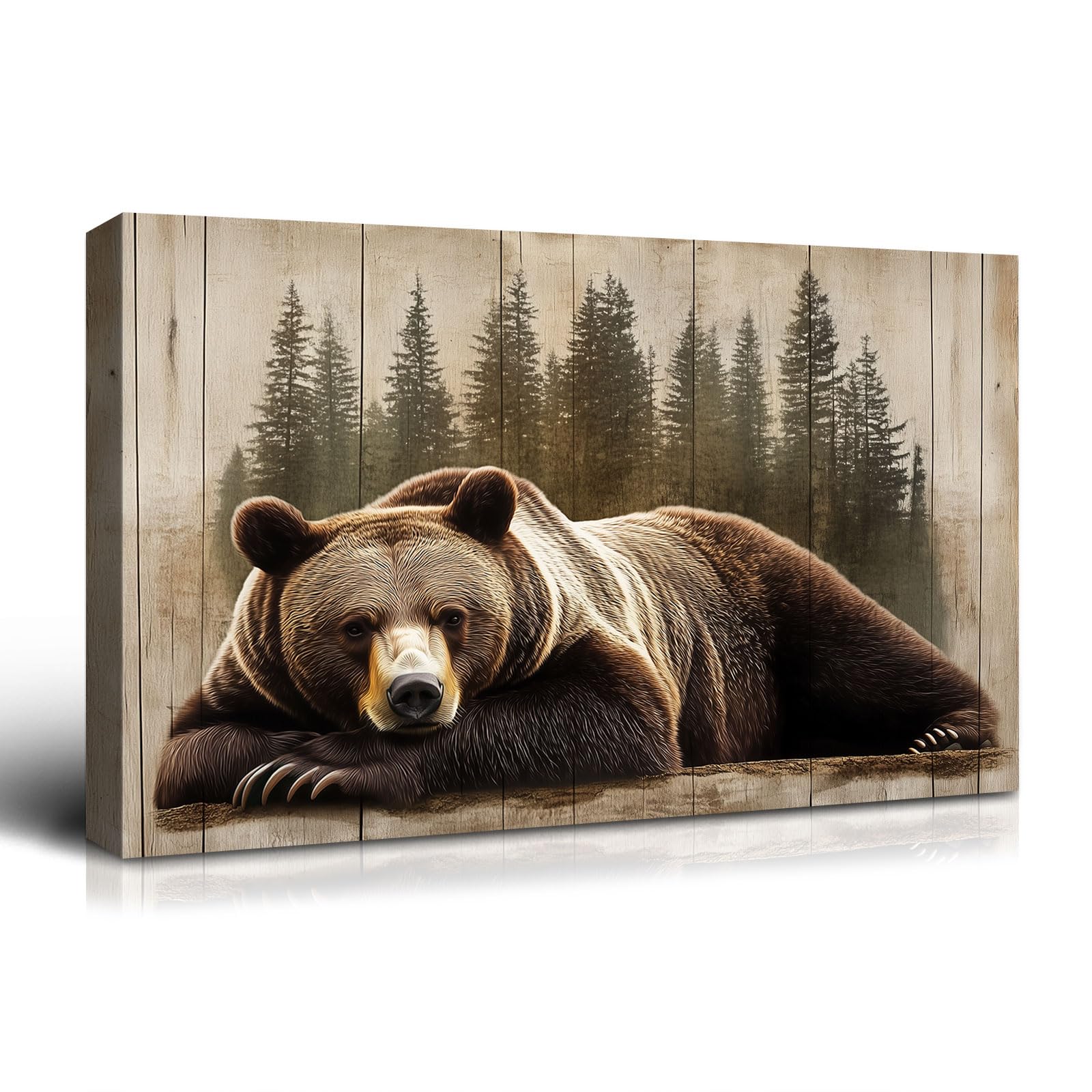 Wewejia Vintage Brown Canvas Wall Art 32x24 inch, Animal Wall Art, Grizzly Bear Print on Canvas, Vintage Forest Wildlife Pictures Home Cabin