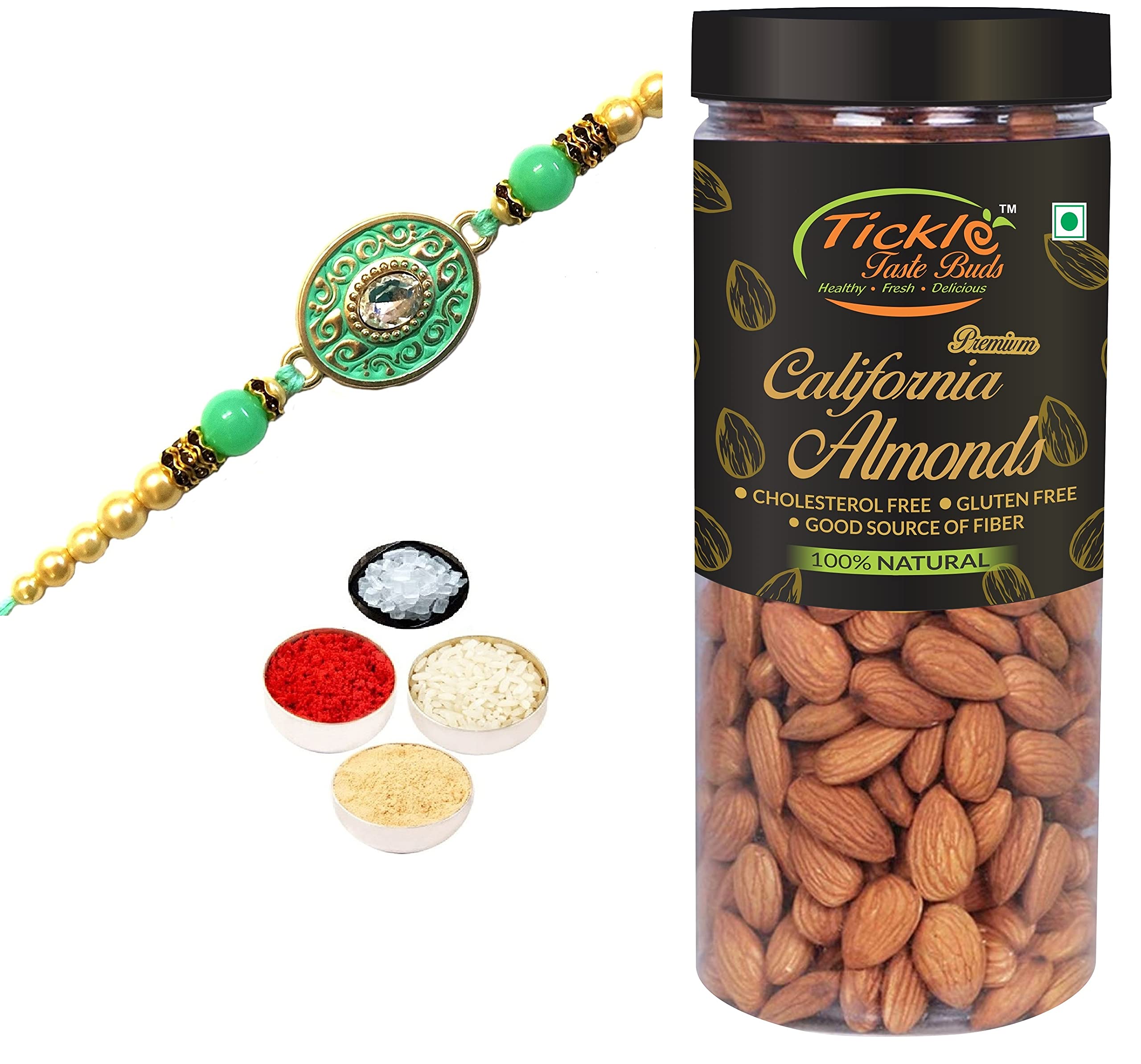 Designer Trendy Sea Green Rakhi for Brother Gift Combo with Badam Jar 250gms & Personal Message, Roli Tikka Chandan Chawal Mishri Special Pack for Bhai Bhaiya-image-45